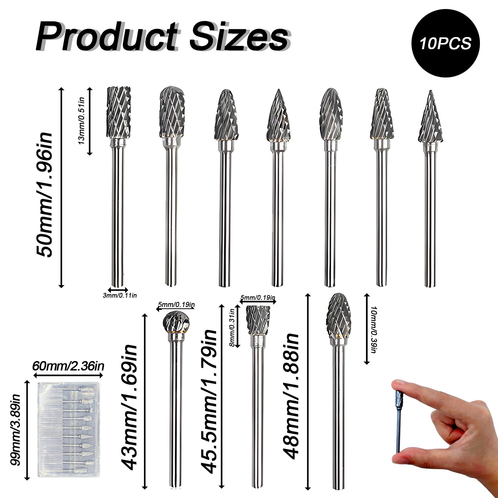 Juego de Fresas Rotativas de Carburo de Tungsteno 10 Piezas Vástago 1/8" para Tallado Madera Pulido Metal Grabado Taladrado