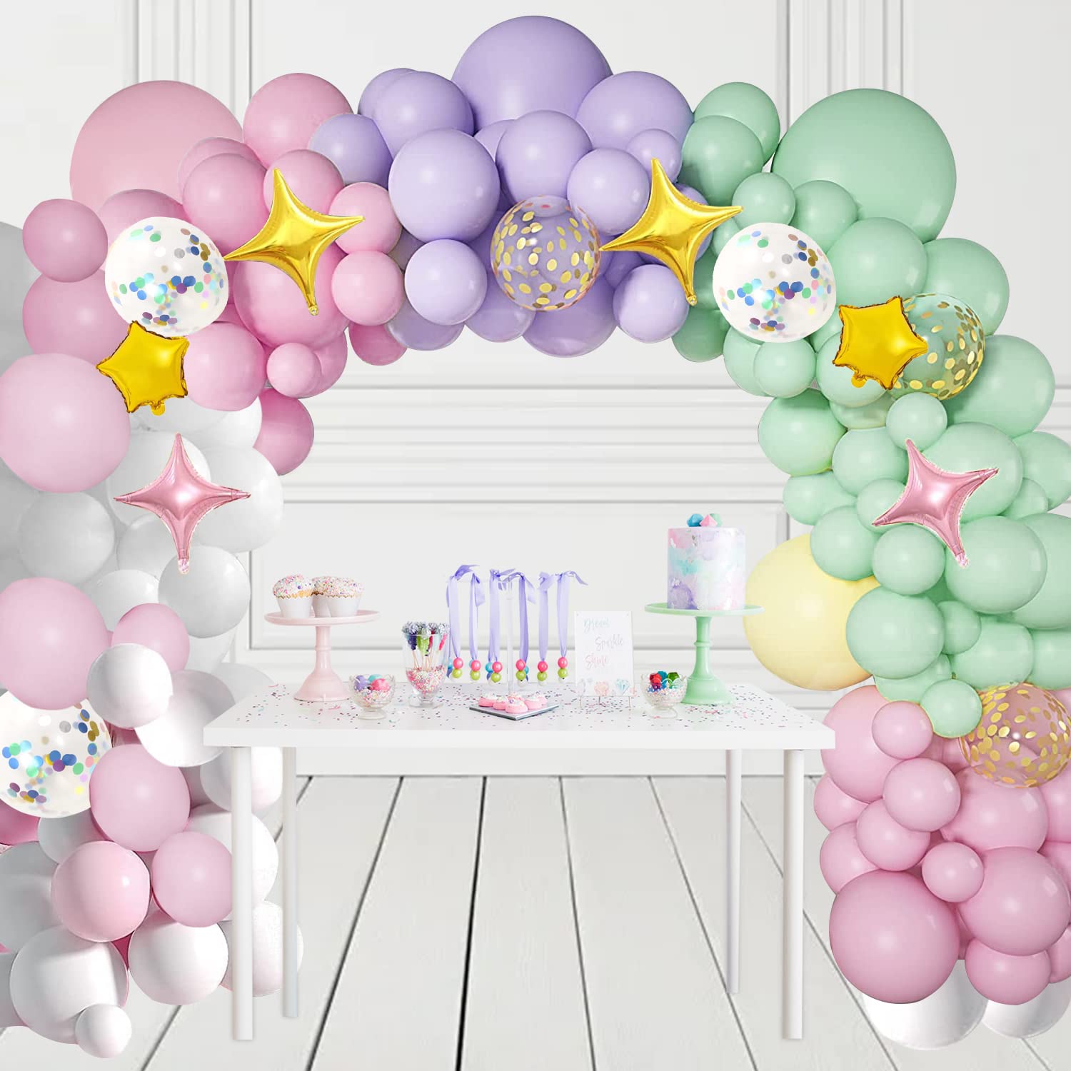 Photo 1 of 179 Pcs Purple Balloon Garland Kit, Pastel Rainbow Macaron Balloons Pink Green White Confetti Metallic Balloon for Baby Shower Wedding Birthday Ice Cream Party Decorations
