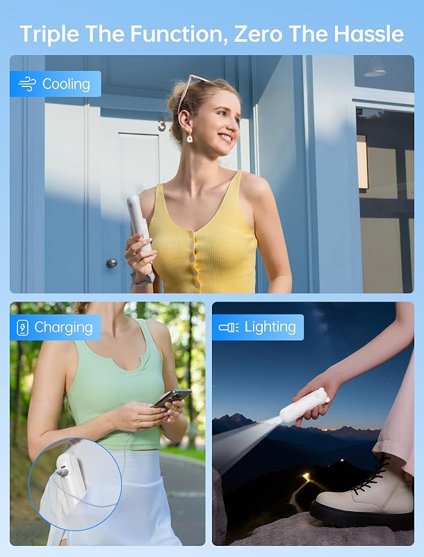 JISULIFE 3 az 1-ben Kézi Ventilátor Powerbank és Zseblámpa Funkcióval - Tölthető USB, 12-19 Órás Üzemidő, Hordozható, Fehér