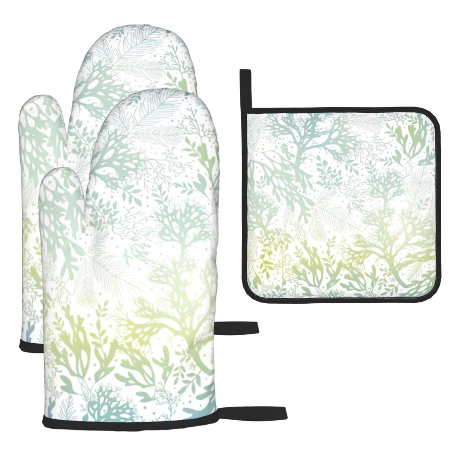 Green Sea Blue Seaweed Print Oven Mitts Kitchen Gloves Set Everyday Baking Grilling Microwaving Cooking Gift