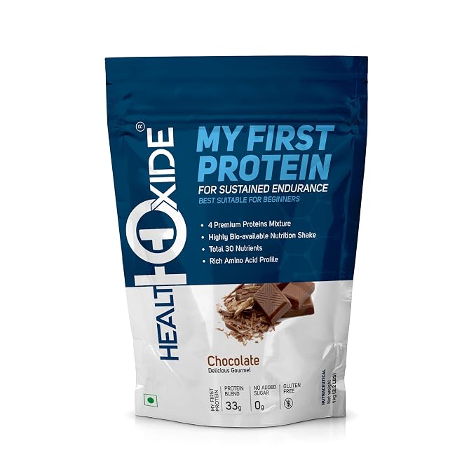 HealthOxide My First Protein for Beginners 1kg (Chocolate Flavour) | Daily Nutrition Protein Supplement | 9.9g Protein per 30g Scoop | Multi Source Protein Blend (Whey, Soy, Casein & Pea) | 26 Vitamins & Minerals | No Added Sugar | Gluten Free | Trustifie