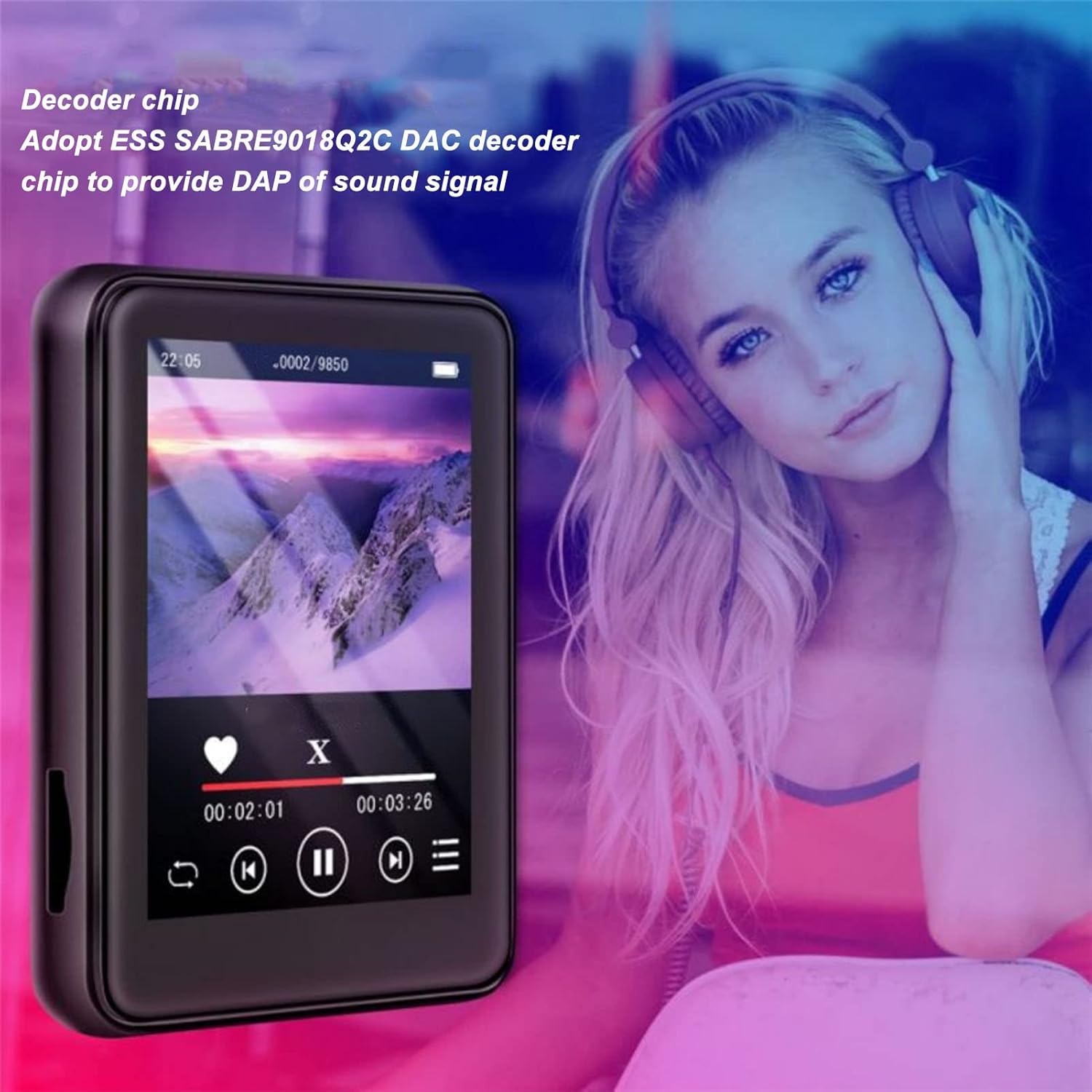 Jectse MP3 Player with text 'Decoder chip Adopt ESS SABRE9018Q2C DAC decoder chip to provide DAP of sound signal'