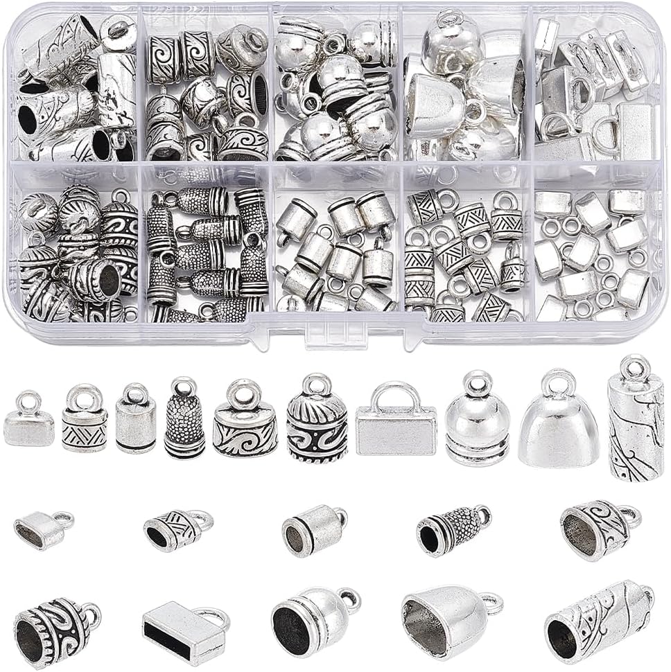 PandaHall 100pcs Cord Ends Caps, 10 Styles Tibetan Alloy Leather Cap Glue in Barrel End Caps Antique Silver Tube Crimp Beads End Caps Thread Ends for Kumihimo Jewelry Making Bracelet Necklace 4~10mm