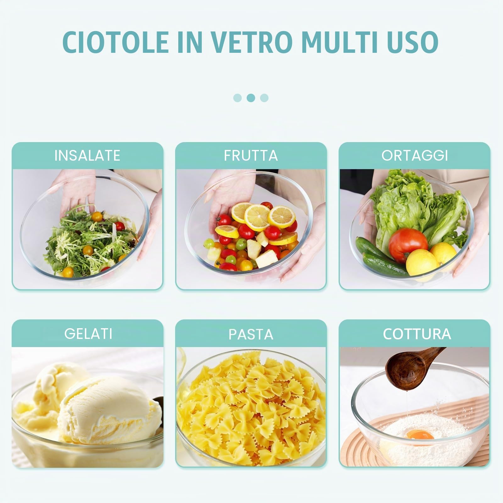 Luvan Set di 3 Insalatiera in Vetro con Coperchio (4.2 L, 2.5 L,1 litro), Grandi Ciotole Rotonde per la Cucina,Perfette per Cucinare, Cuocere al Forno, Servire, Preparare, Lavabili in Lavastovigli