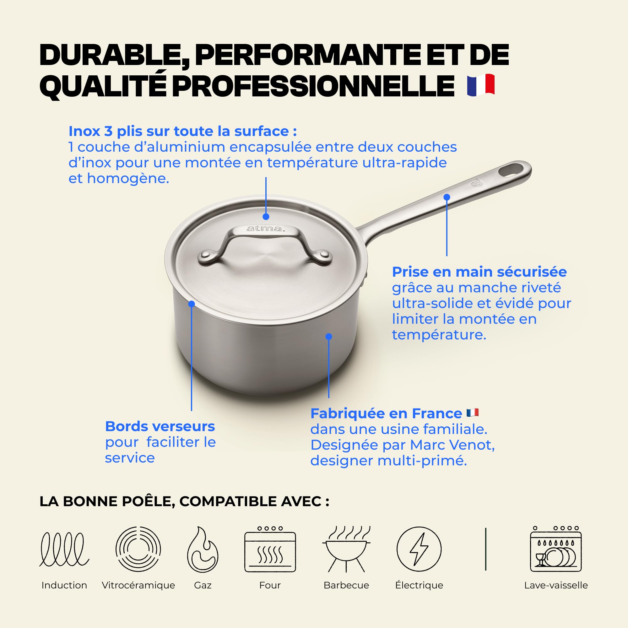 Atma – Casserole Inox 3 Plis 18 cm avec Couvercle – Cuisson Homogène – Sans PFAS, PFOA, PTFE – Graduation Intérieure, Bords Verseurs – Tous Feux dont Induction – Fabriquée en France – Garantie à Vie