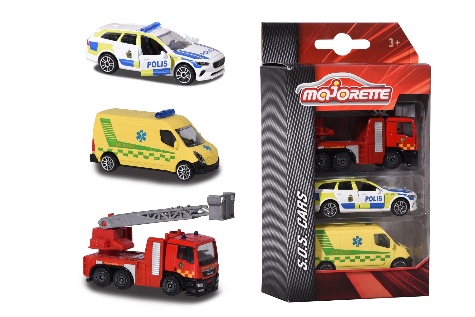 Majorette 212057262033-3-Pack Vehículo de Emergencia Sueco con Coche de policía en Volvo V90 Modelo, Ambulancia y Coche de Bomberos de Metal con Rueda Libre y Piezas Movibles, 7,5 cm, a Partir de 3