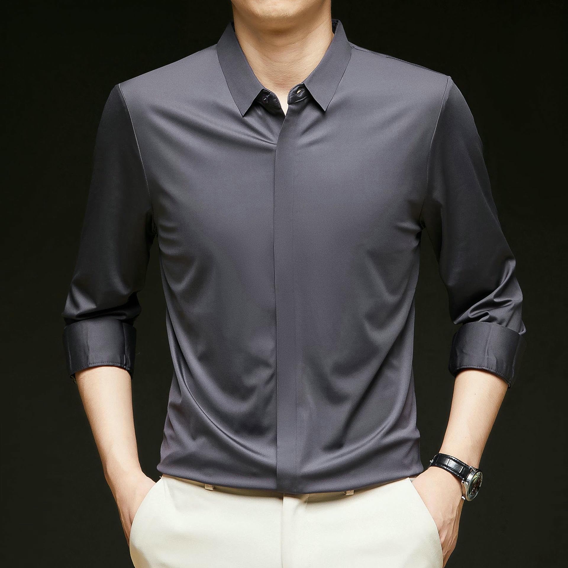 Camisa de manga larga para hombre, para primavera, otoño, color liso, con solapa, seda, sin costuras, informal, elástica, para hombre