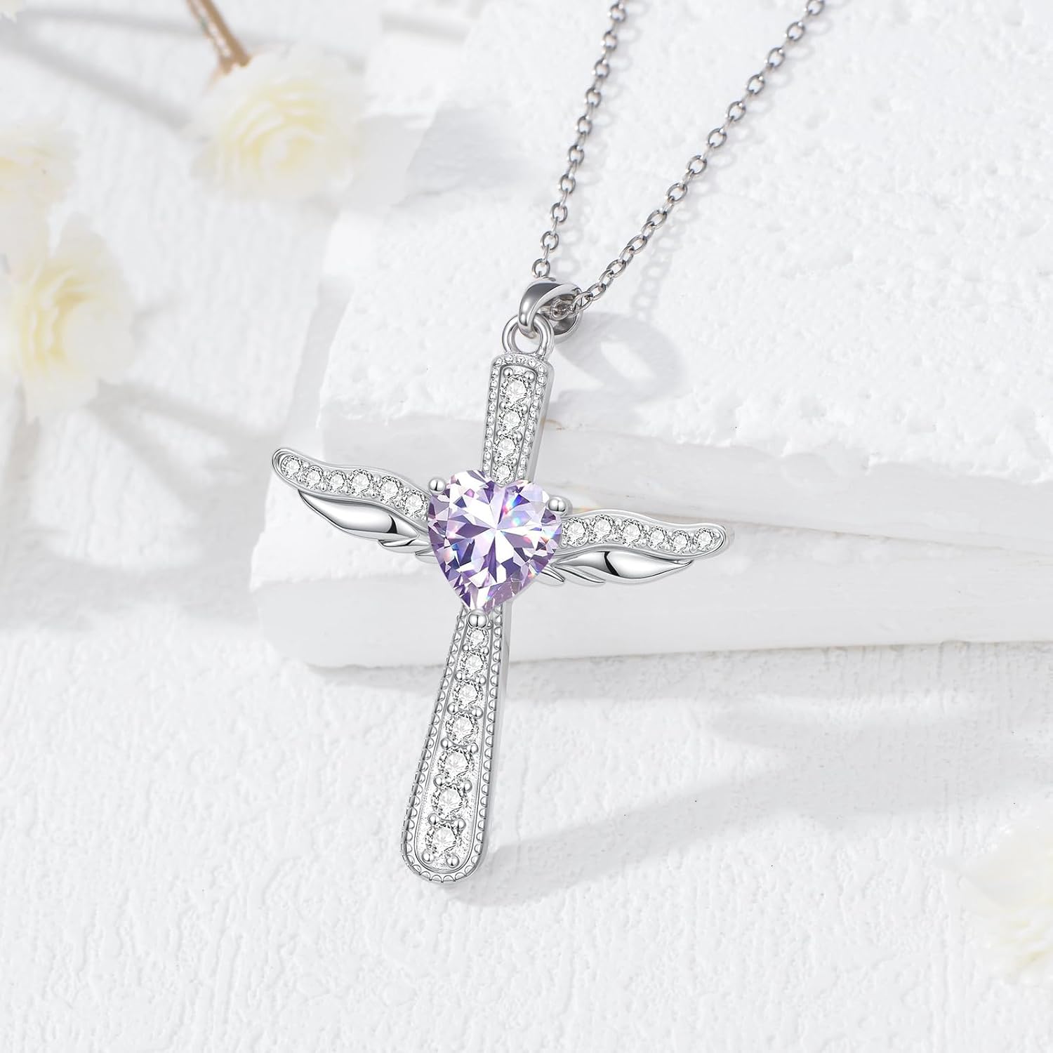 Cross Necklaces for Women 925 Sterling Silver Angel Wings Crucifix Pendant Birthstone Cross Jewelry for Women - Image 4