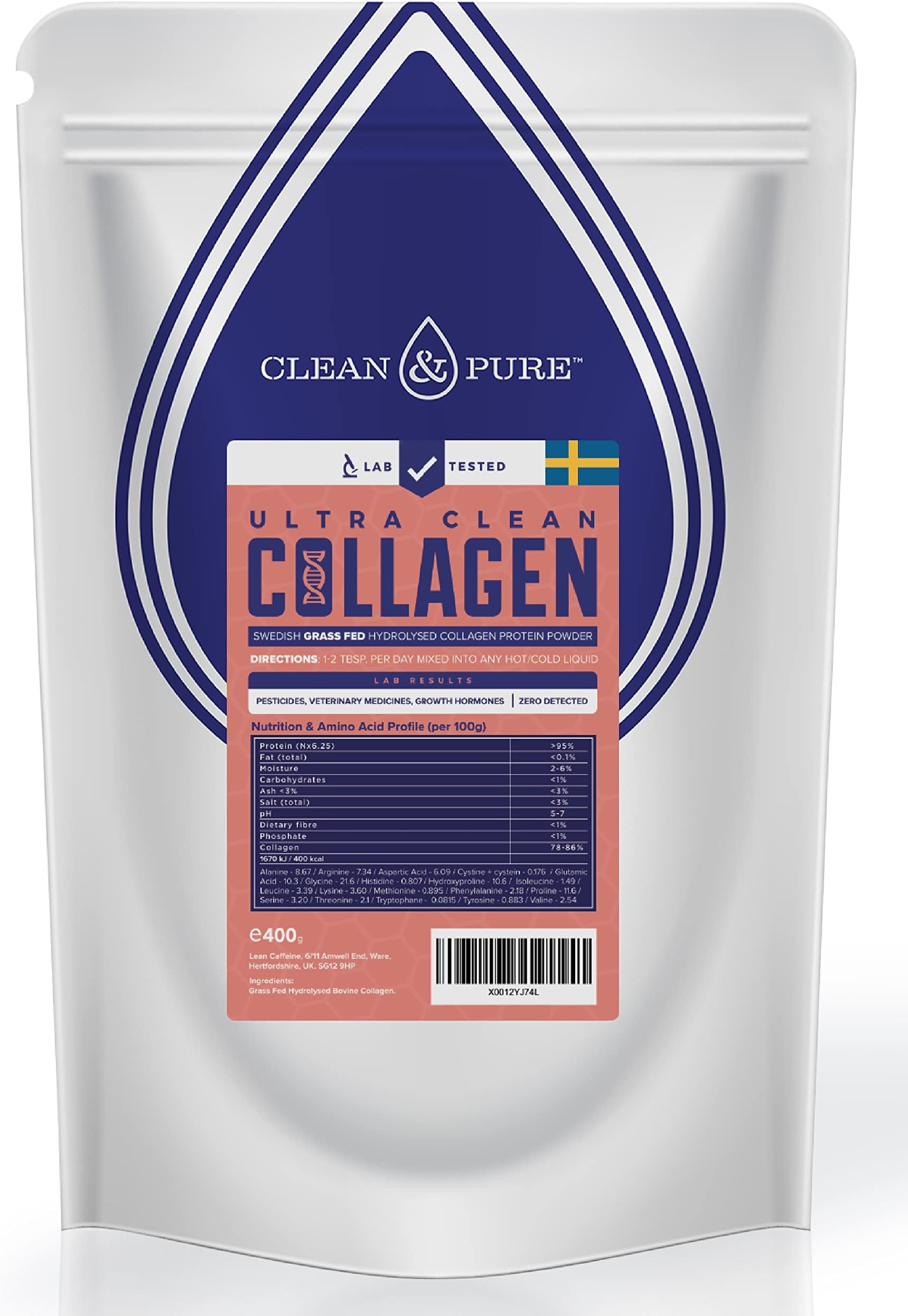 Clean & Pure Lab -Tested Bovine Collagen Protein Powder – Collagen Peptides Supplements for Men & Women – No Growth Hormones or Vet Meds – UK’s Verified Lab-Tested Collagen from Sweden – 400g(1 Pack)