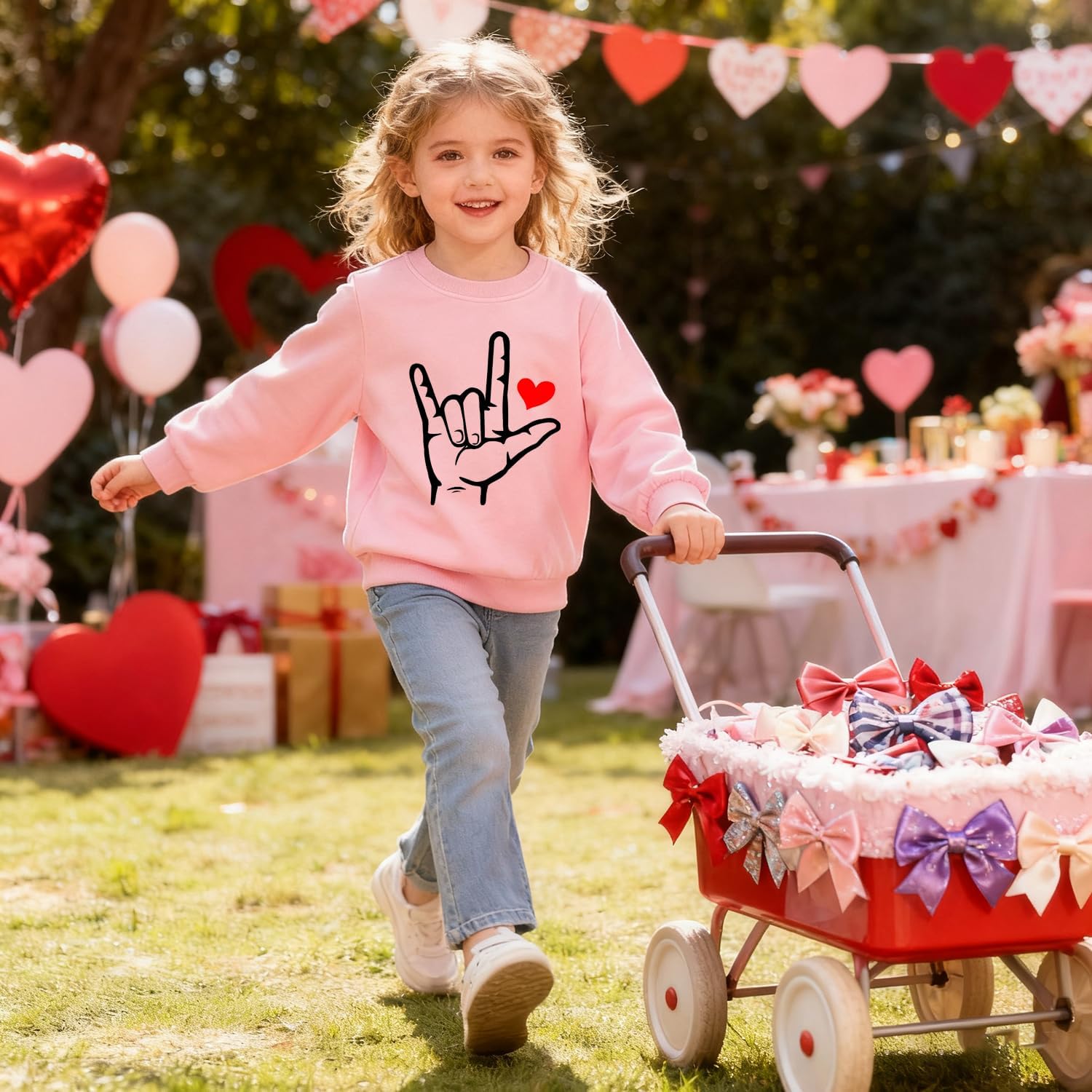 キッズ バレンタインデー スウェットシャツ 幼児 男の子 女の子 I Love You Hand Sign Love Heart シ