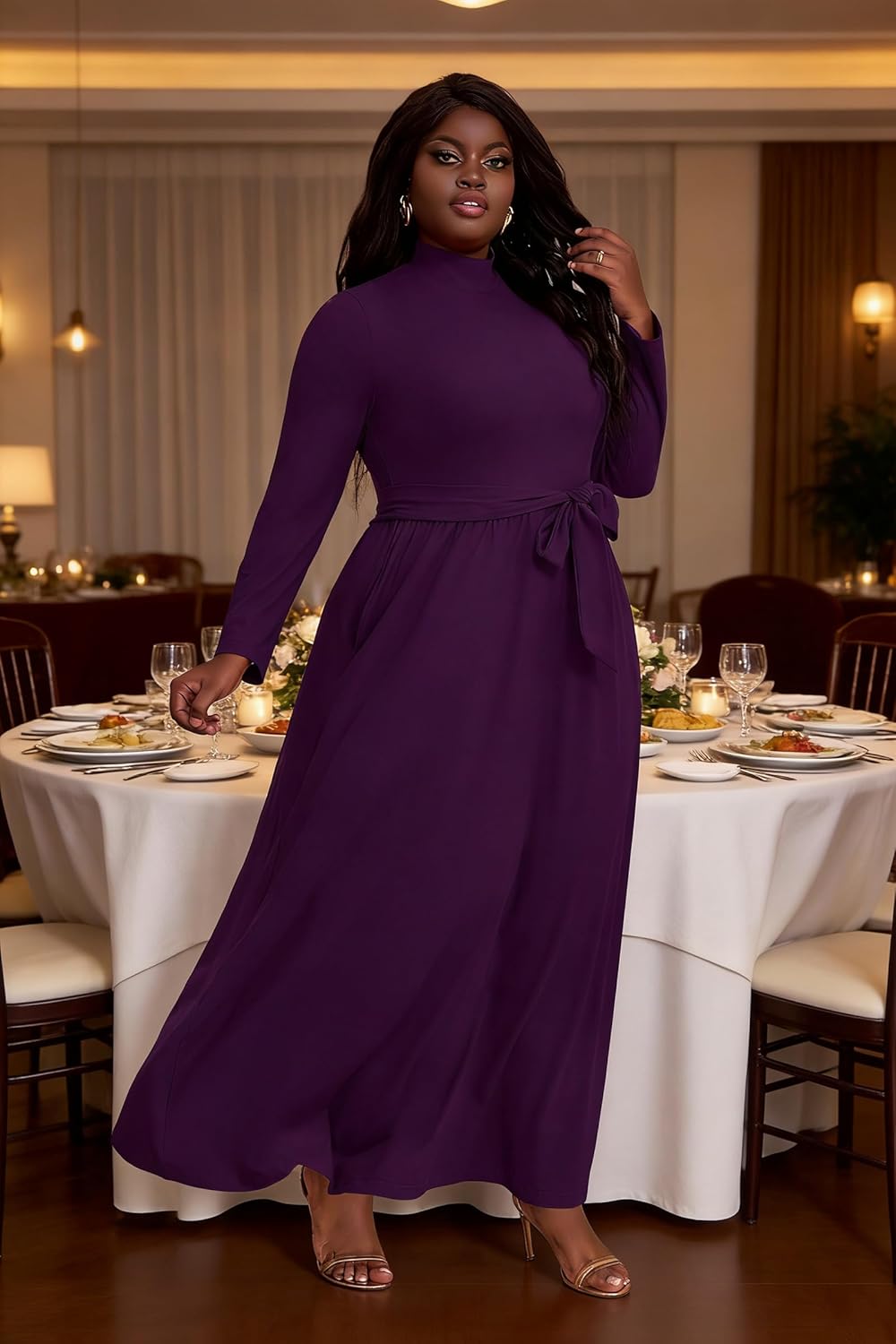 FANDEE Plus Size Maxi Dress for Women Classy High Waist Wedding Guest Dress Casual High Neck Long Sleeve Swing Dresses - Image 3