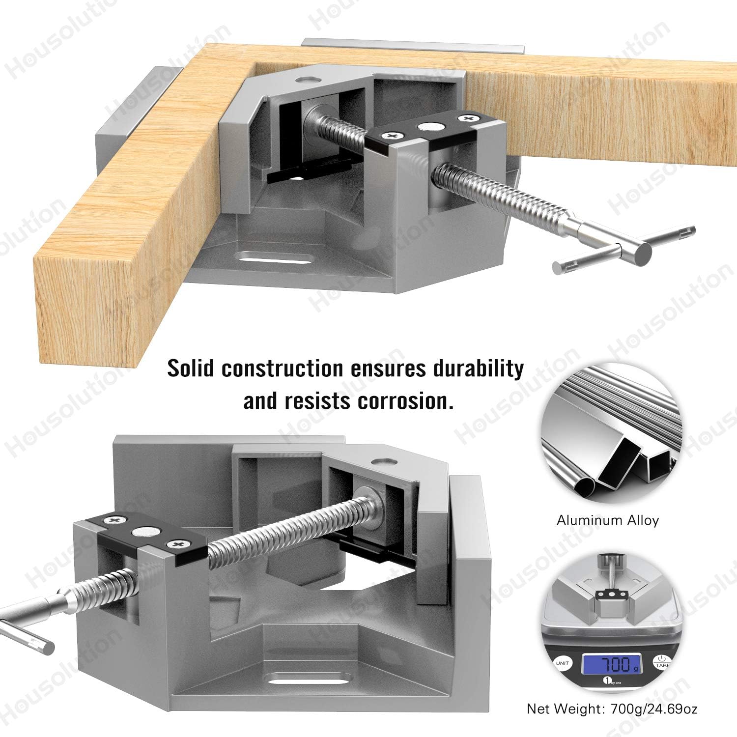Housolution Right Angle Clamp, Single Handle 90°Corner Clamp, Aluminum Alloy Right Angle Clip Clamp Tool Woodworking Photo Frame Vise Holder with Adjustable Swing Jaw - Gray