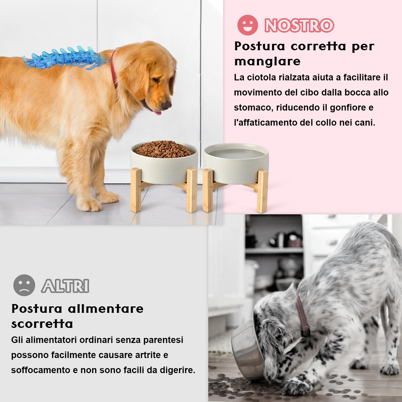 SPUNKYJUNKY Set di ciotole per cani rialzate in ceramica con supporto in bambù per cani e gatti (850 ml, grigio)