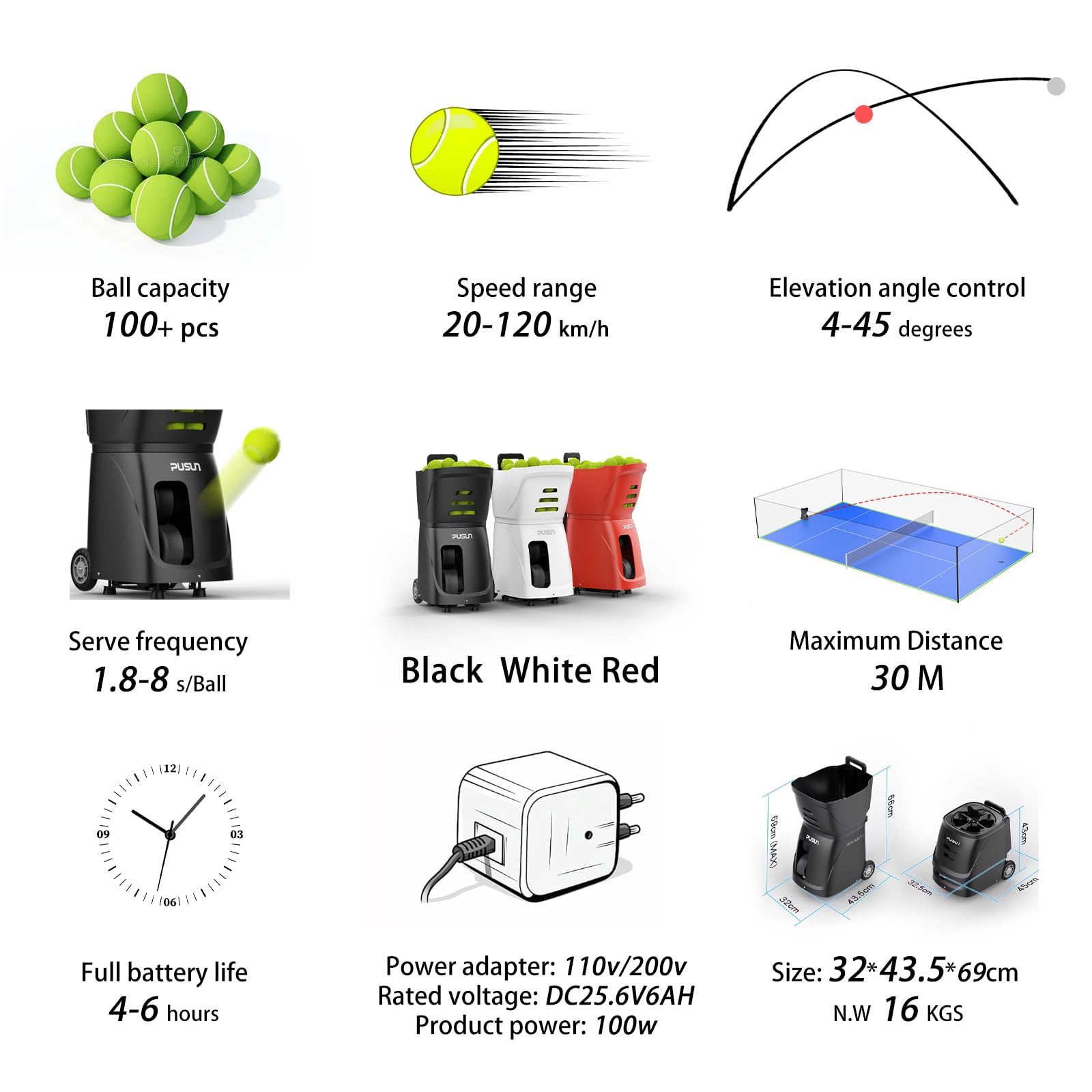 PUSUN Padel-Smart-Professional Padel Ball Machine with App Control - 100+ Ball Capacity - 4-6h Battery - 12 Training Modes (White)