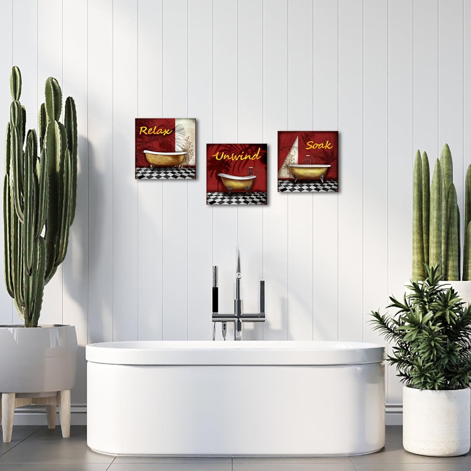 SkenoArt 3 Piece Red and Black Bathroom Wall Decor Relax Unwind Soak Bathroom Pictures Wall Art Burgundy Bathroom Decor Stretched and Framed Ready to Hang 12''x12''x3pcs