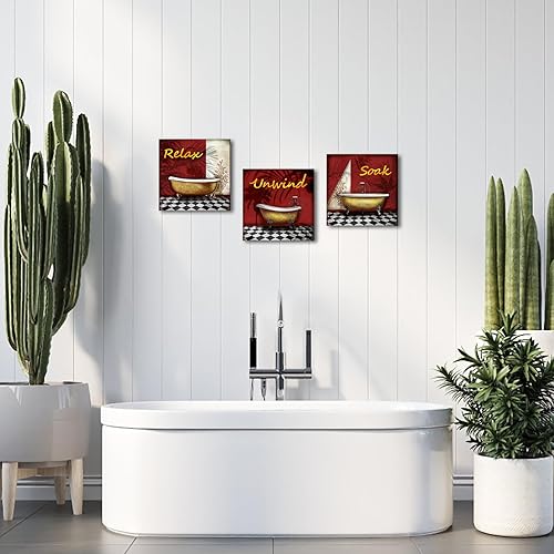 Miniatura 3 de SkenoArt Decoración de pared de baño rojo y negro, 3 piezas, para relajarse, relajarse, remojar, remojar, arte de pared, decoración de baño burdeos,
