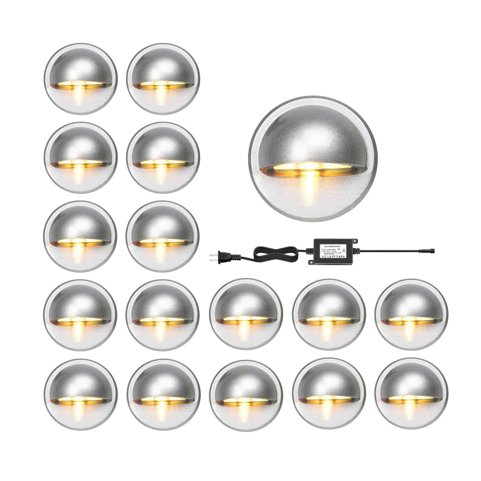 RNEHON 30-Pack LED Deck Lighting Kit – 1.38" Warm White Low Voltage Step Lights, IP65 Waterproof, 12V DC, For Stairs, Patio, Garden, Yard