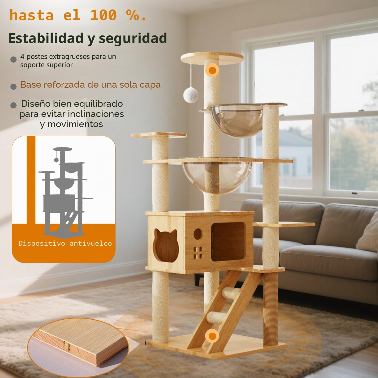 PETCUTE Rascador para Gato,Árbol para Gatos de Madera,Torre de Gato con Cápsula Espacial,Postes Rascadores, 2 Plataformas,1 Cueva, 1 Pompones,Escalera,Muebles para Gatos