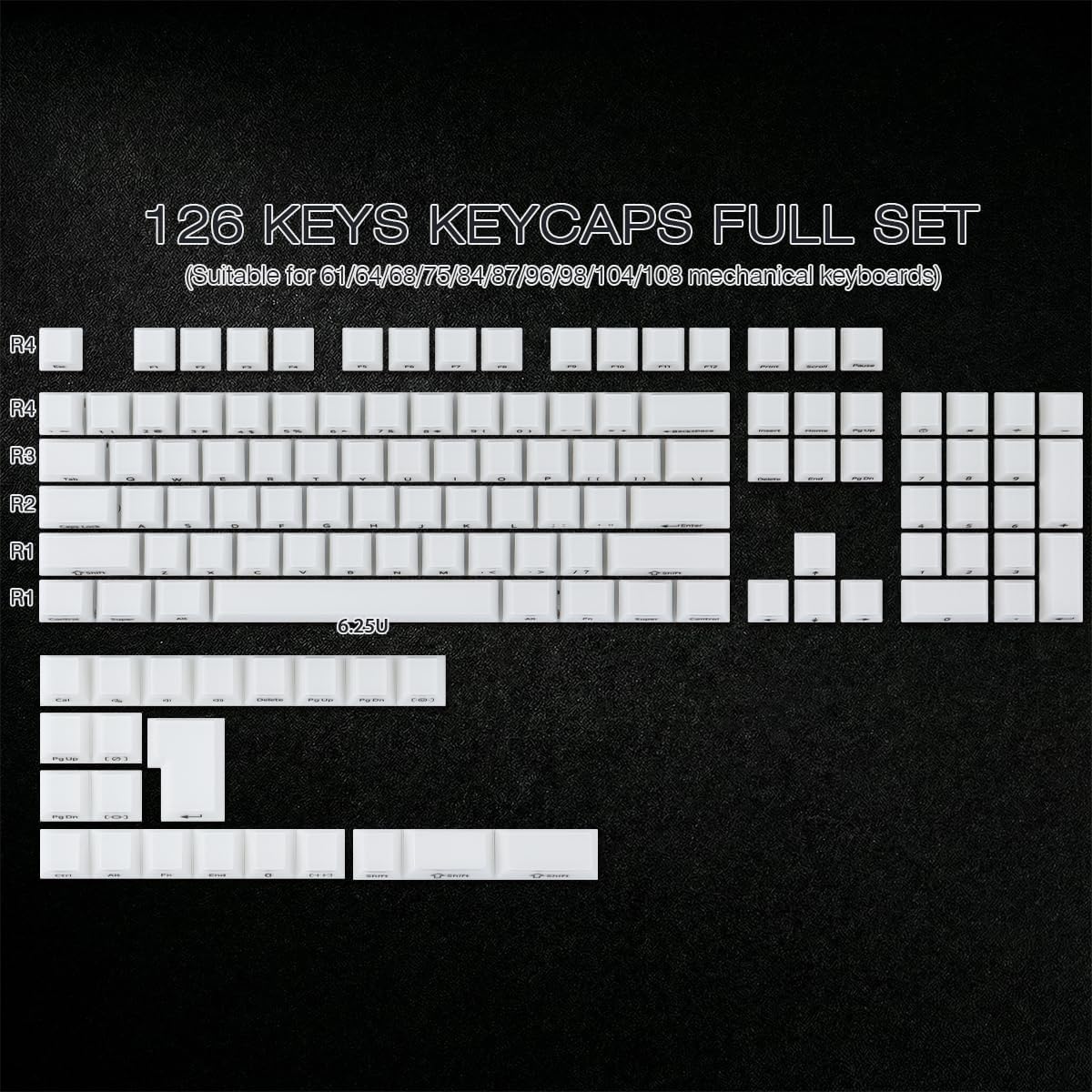 Hyekit Velvet Crystal Jelly Keycaps - 126 Key Double-Shot ABS+PC Pudding Keycap Set, Cherry Profile, Frosted White with Black Legends, Side Print & Velvet Texture for Mechanical Keyboard