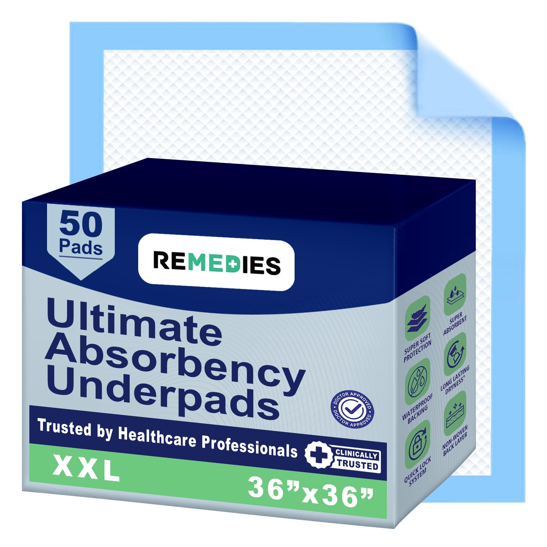 Remedies Extra Large Incontinence Bed Pads (36" x 36", 50 Count) - Super Absorbent Disposable Chux Underpads for Adults, Seniors, Kids, Puppies, Dogs & Furniture Protection
