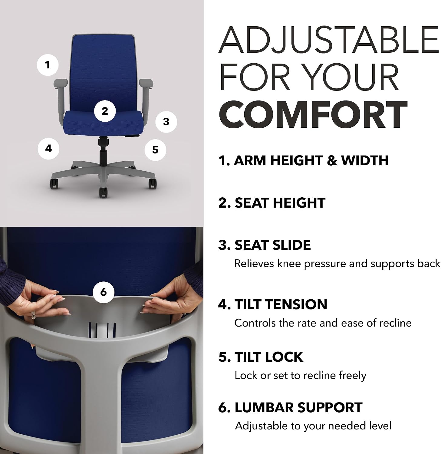 HON Ignition 2.0 Low Back Task Chair, Spectrum Mesh, Standard Synchro-Tilt Control, Office Chair with Lumbar Support, Height and Width Adjustable Arms, Titanium Frame, Cobalt