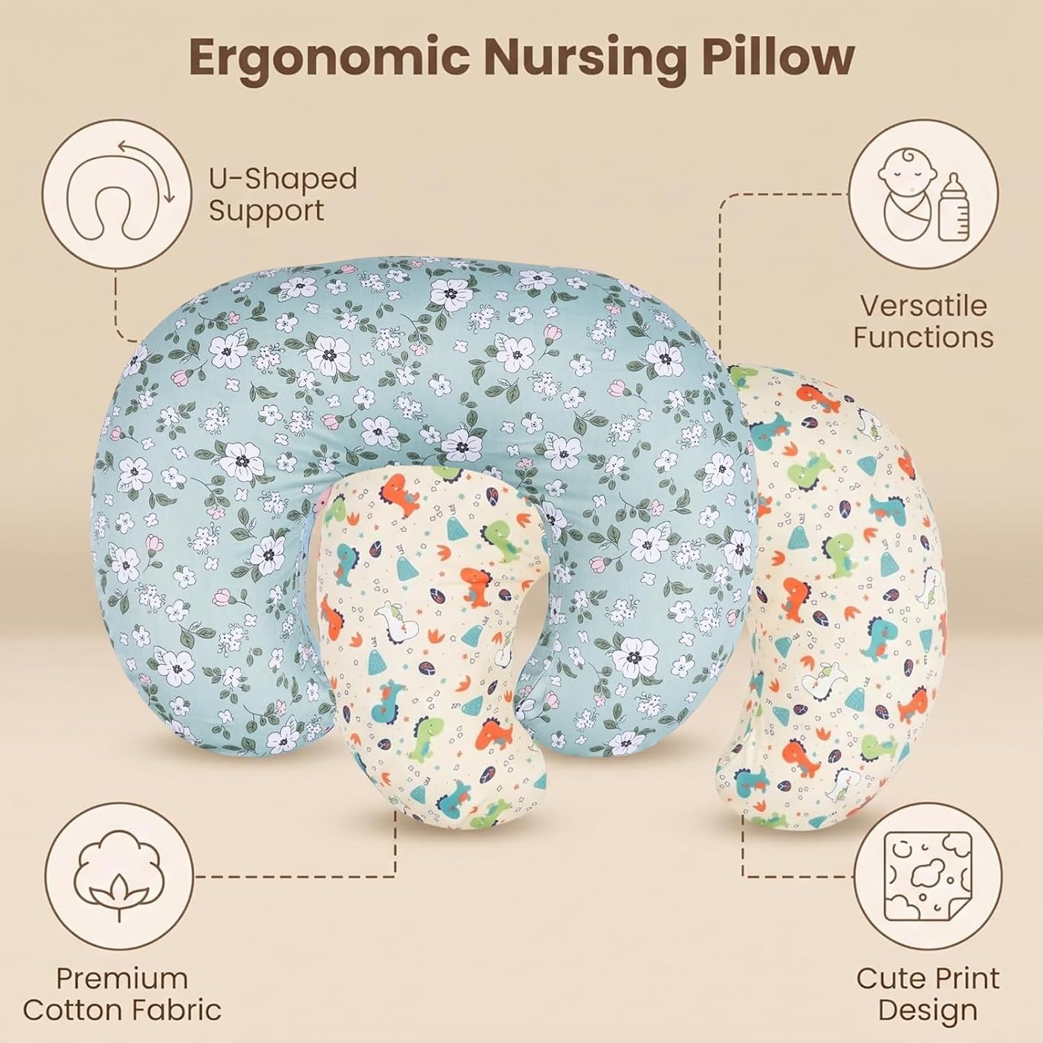 Baby Nursing Pillow Cover Floral Removeable Breastfeeding Nursing Pillowcase for Infant Newborn Soft Fabric Washable & Breathable (Dinosaurs+Blooming Flowers)