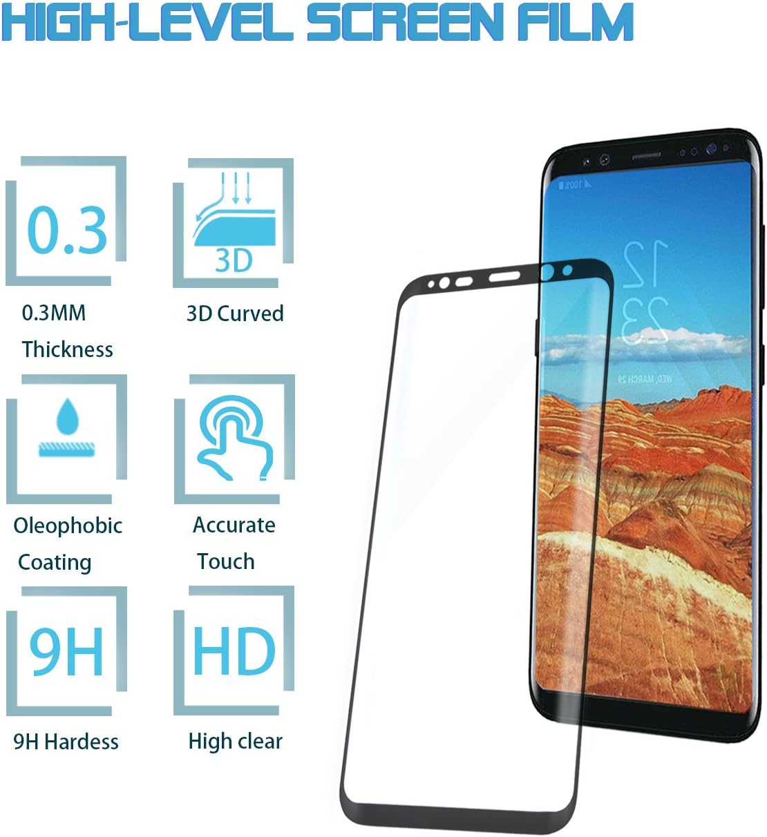 Screen Protector Galaxy S8 3D Curved Tempered Glass Cover 100% Touch Sensitivity Impact Resistant Full Screen Cover for Samsung Galaxy S8 0.3mm Ultra Thickness Easy for Beginner Black