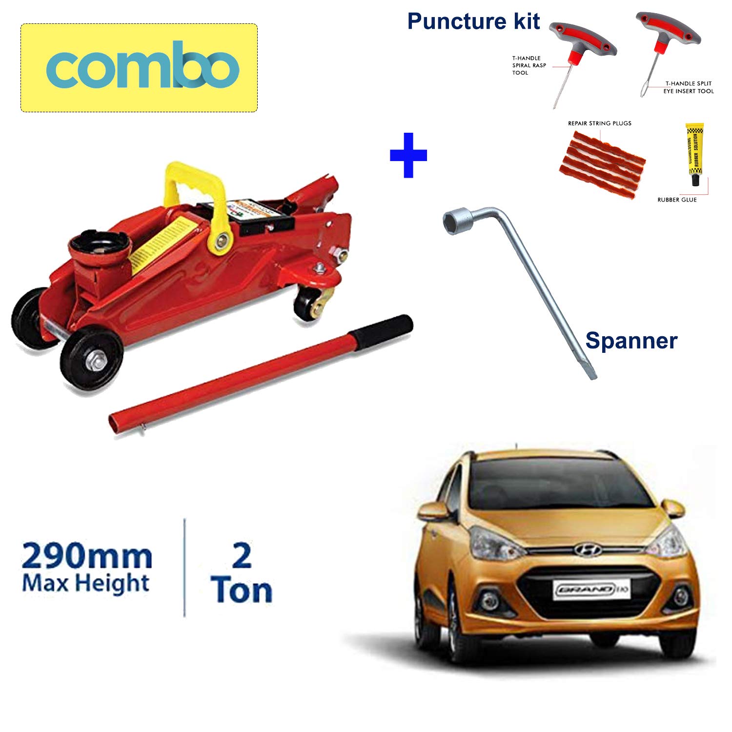 Semaphore Semaphore (2 Ton) Car Hydraulic Trolley Jack / 4 in 1 Tubeless Tire Puncture Repair Kit Flat Tyre Patch Tools / 19mm L-Shaped Wheel Nut Spanner for Hyundai Grand I10