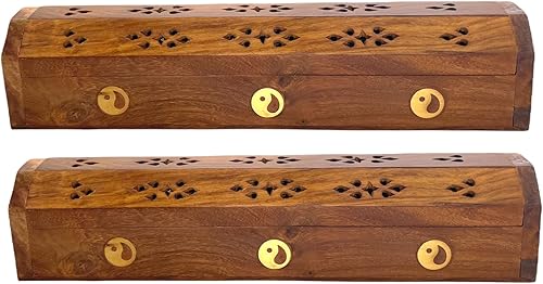 Vista 64 de Paquete de 2 quemadores de incienso de madera tipo ataúd - Incrustaciones de latón de 12 pulgadas - Compartimento de almacenamiento (Buddha)