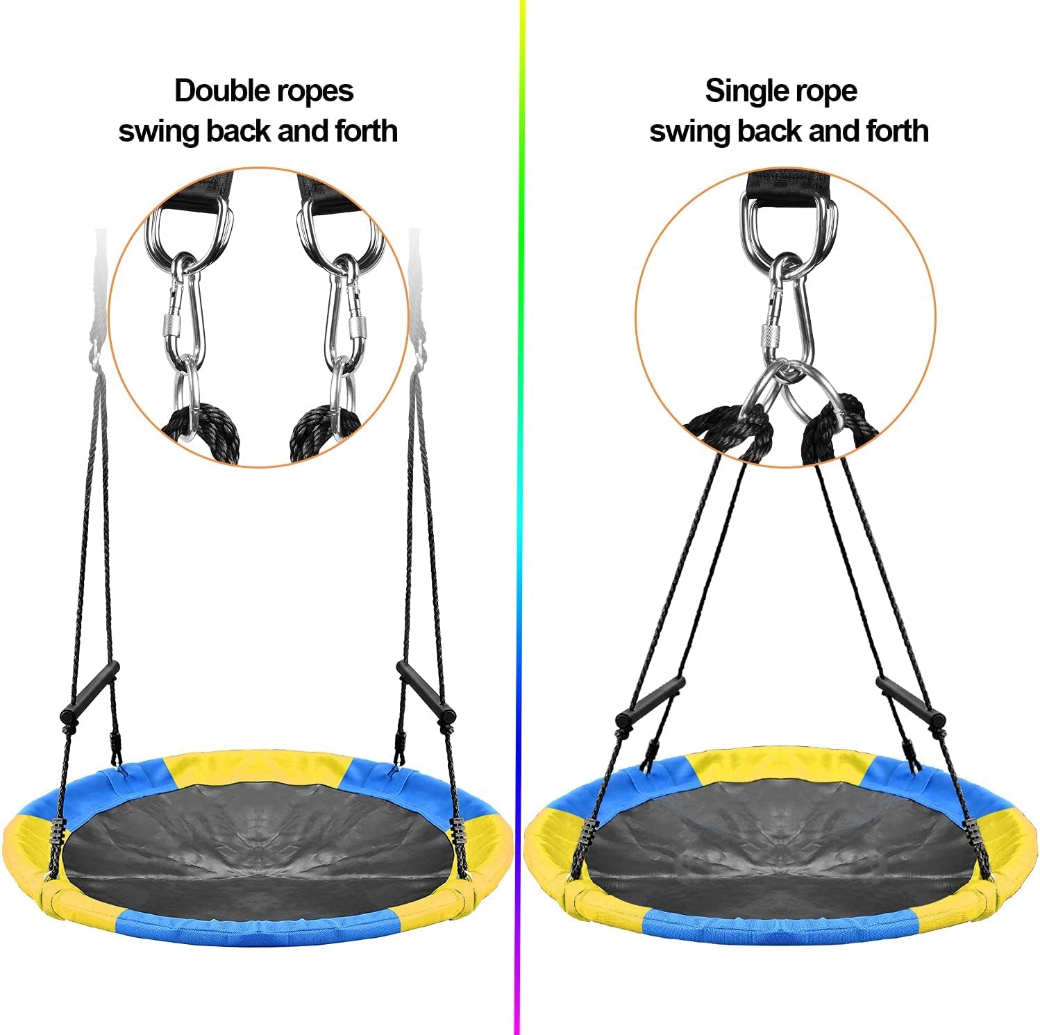 Treeswin Saucer Tree Swing 46 Inch, 800 lb Weight Capacity Outdoor Flying Swing with Tree Strap, Textliene Fabric Waterproof Durable Steel Frame and Carabiner for Playground and Backyard (Blue+Yellow)