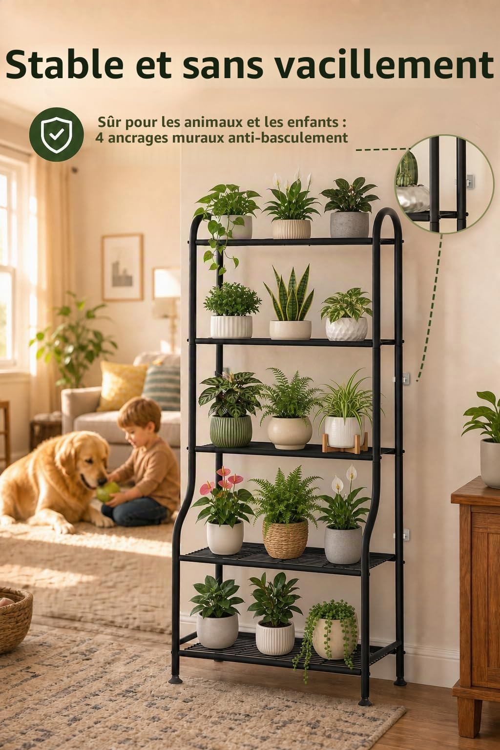Support en métal pour plantes 5 niveaux 165 cm étagère verticale robuste avec pieds réglables