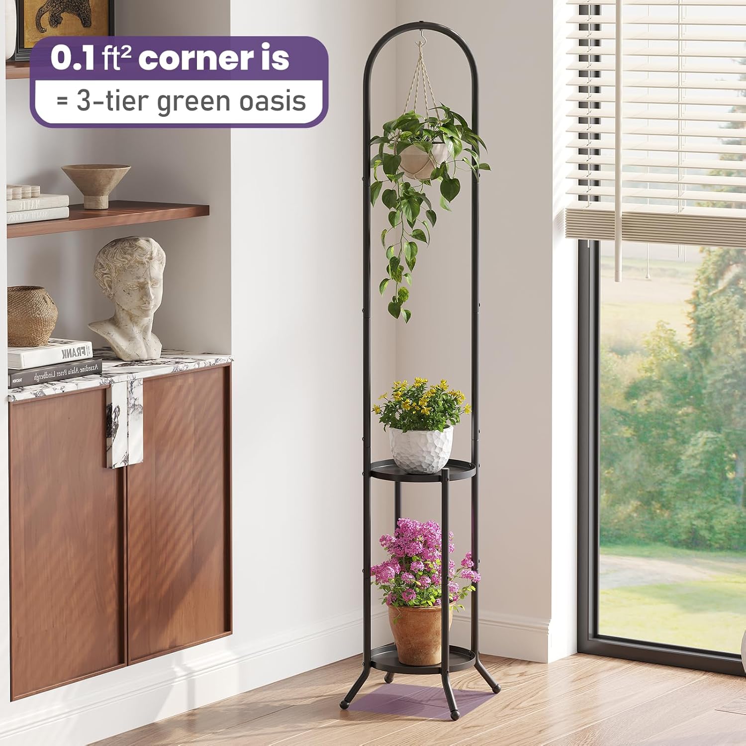 2-Tier Metal Plant Stand with Hanging Hook, Indoor Outdoor Plant Shelf (Black)