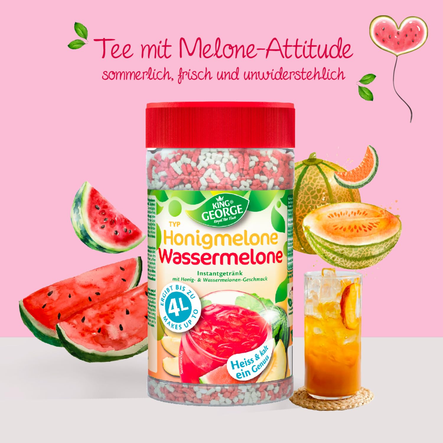 KING GEORGE Bebida instantánea de té de melón, sandía, 12 x 400 g, bebida instantánea, caliente y fría un placer, paquete de almacenamiento de té de migas, bebida para verano, cumpleaños, fiesta