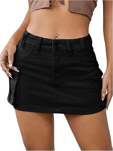 WDIRARA Women's Low Waist Button Bodycon Mini Cargo Denim Skirt with Pocket Blac