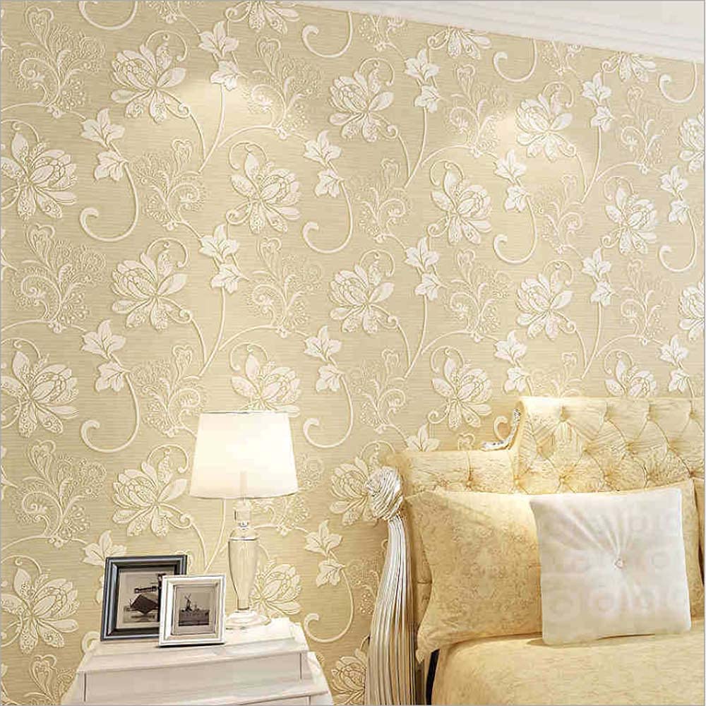 Papier peint intissé relief 3D fleurs beige pour chambre coucher et décoration murale