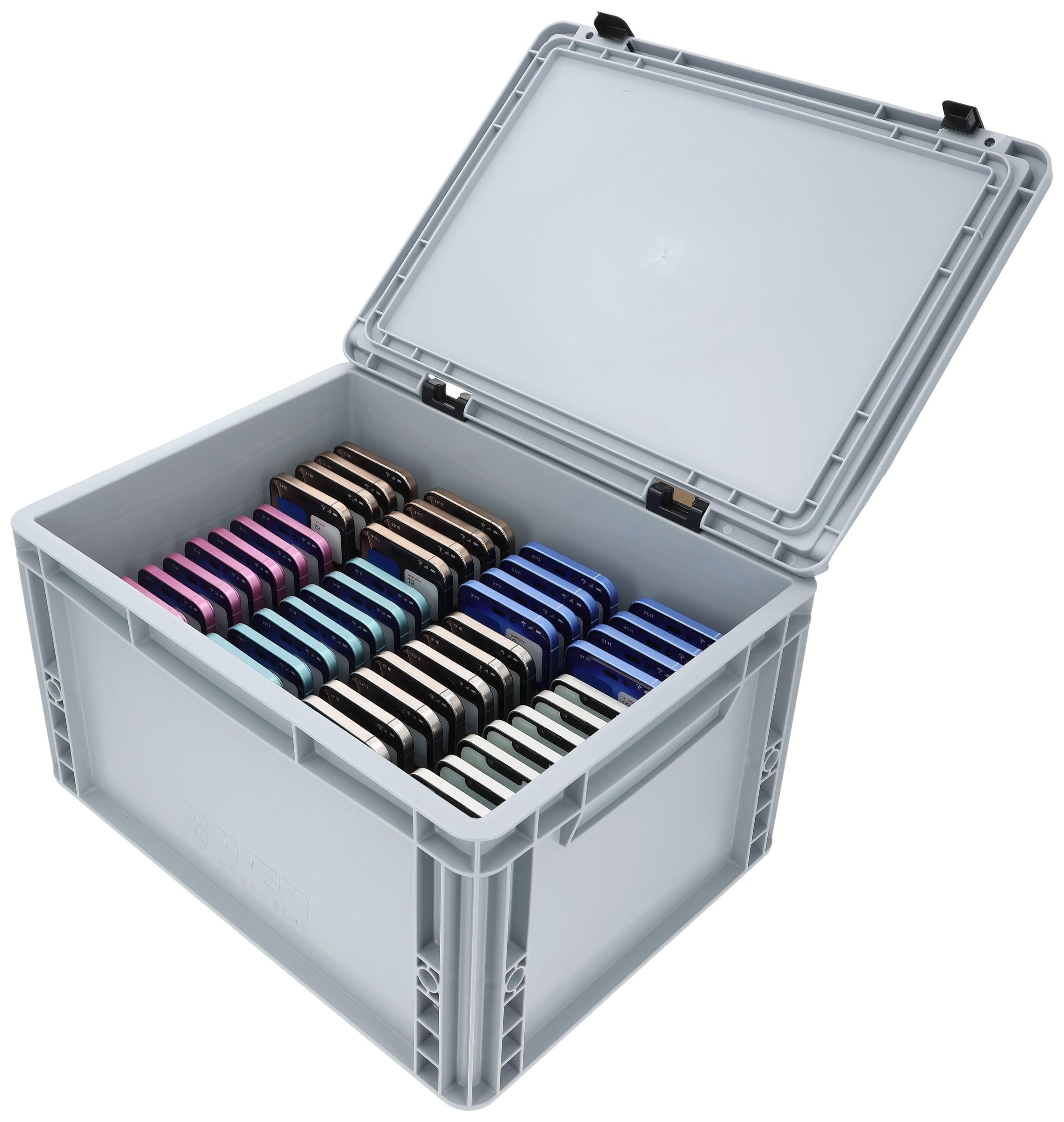 Feldherr Phone Storage Box with Foam Insert for 48 Smartphones - Compatible with iPhone, Samsung, Google - Durable Euro Container with Hinged Lid - Premium Protection - Made in Germany