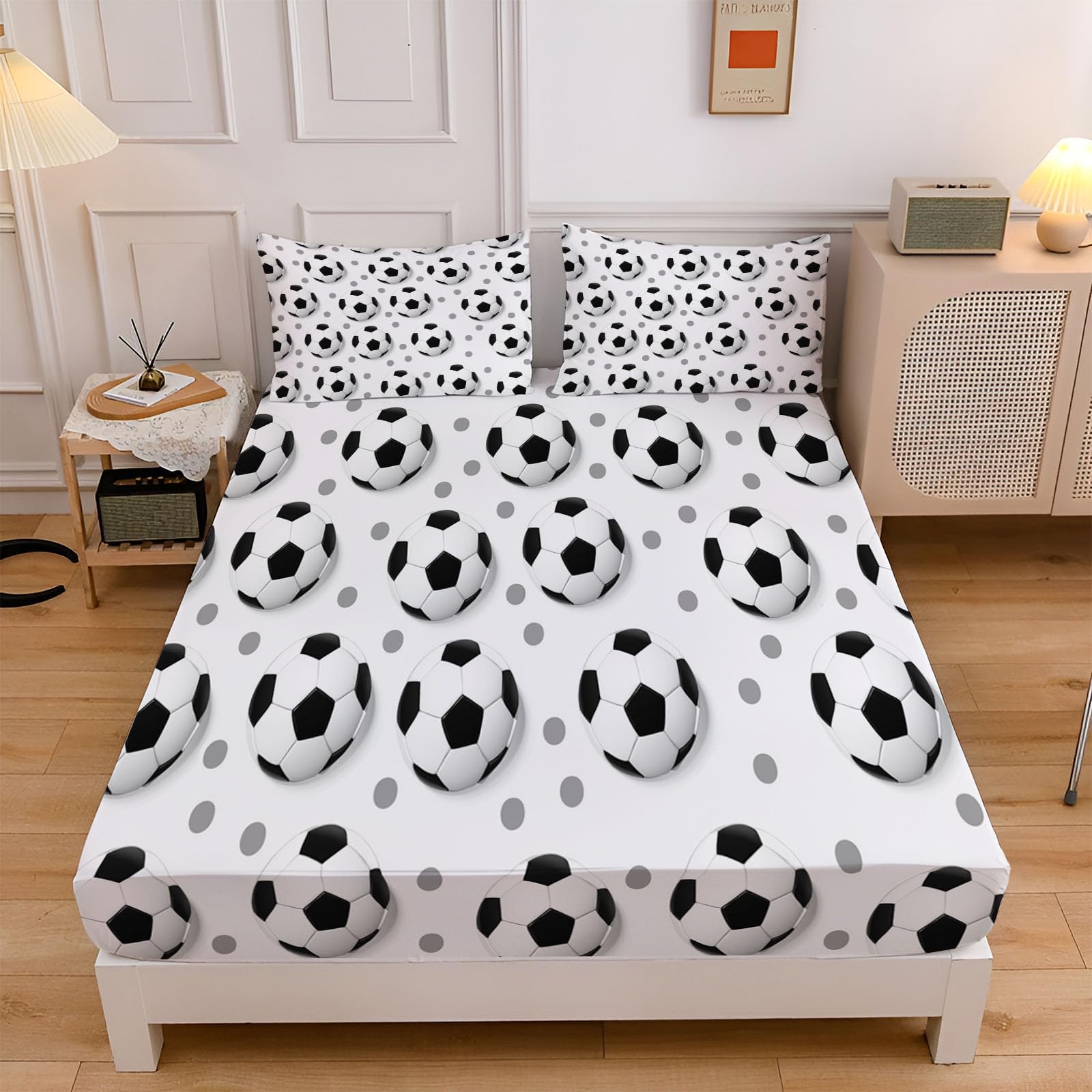 Sábanas 200X190/200Cm - Juego De Sábanas 3 Piezas Estampadas Fútbol De Lunares 3D - Microfibra Suave Transpirable - Sábana Bajera Ajustable - Ropa De Cama Deportes Divertidos (Blanco Y Negro)