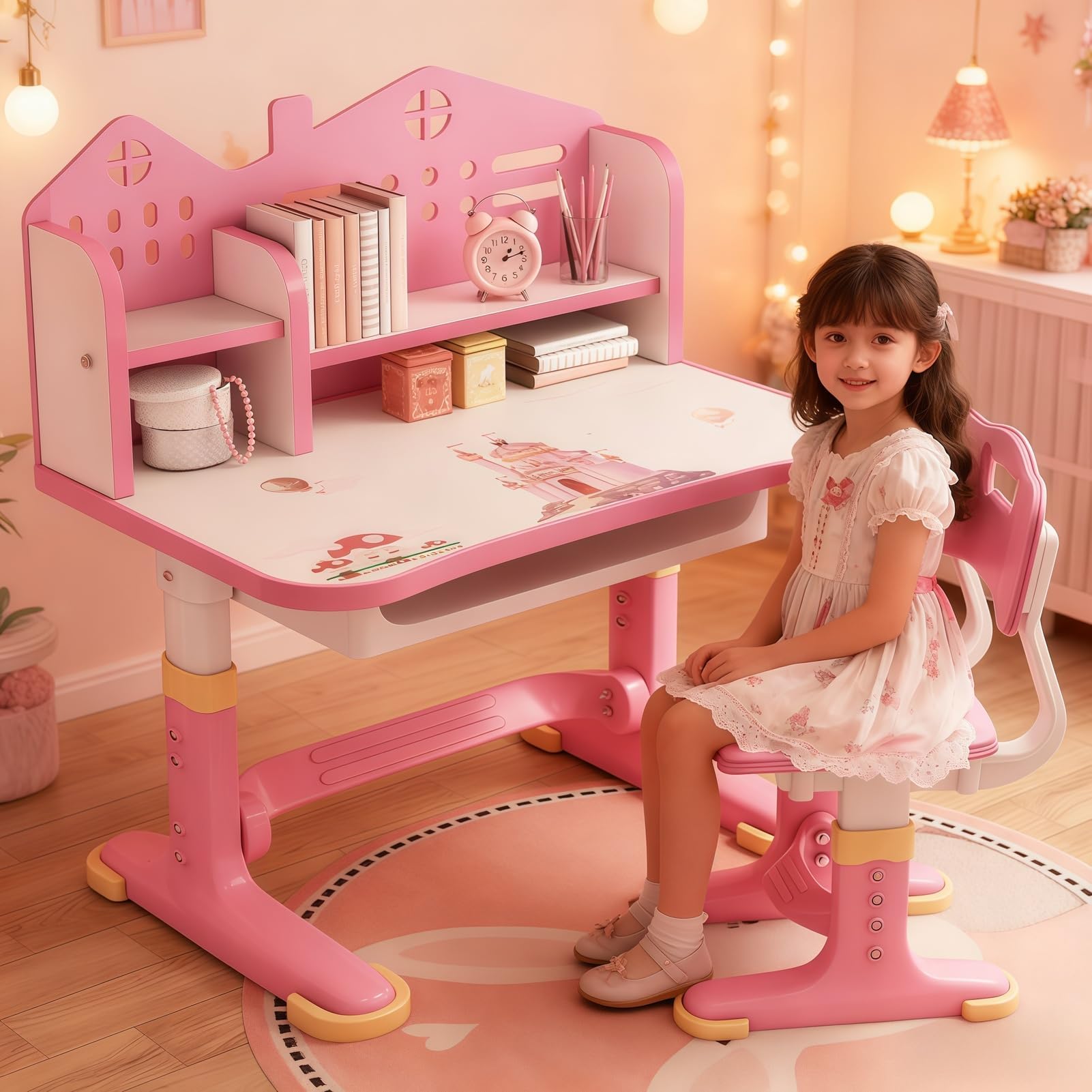 Tuelaly Ensemble bureau et chaise pour enfants, réglable en hauteur avec tiroir de rangement spacieux, pour éviter la myopie dorée, école, maison et études (rose A)