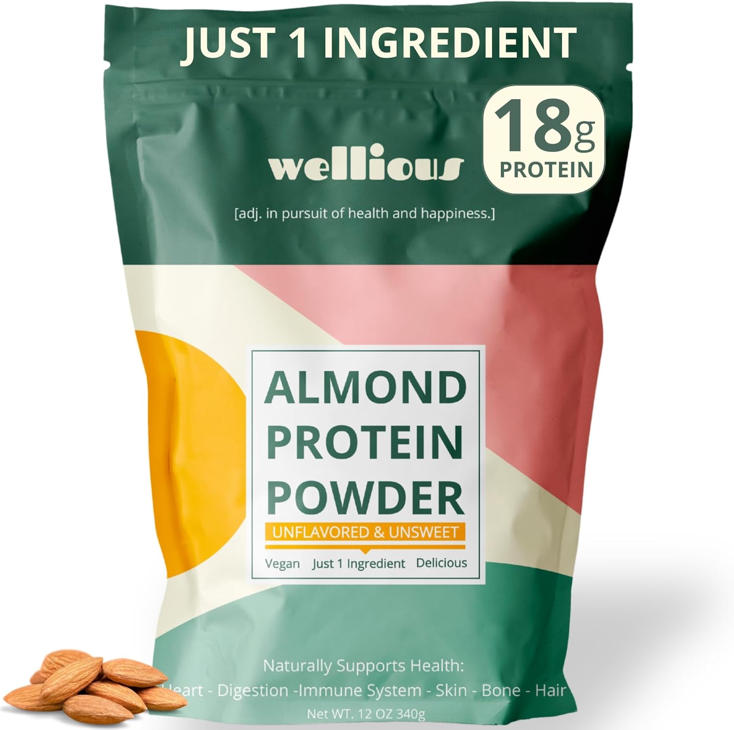 wellious Almond Protein Powder (Unflavored, Unsweetened) - 18 Grams of Pure Healthiest Vegan Protein for Women & Men | Soy-Free & Gut Friendly Protein Powder for Sports Nutrition