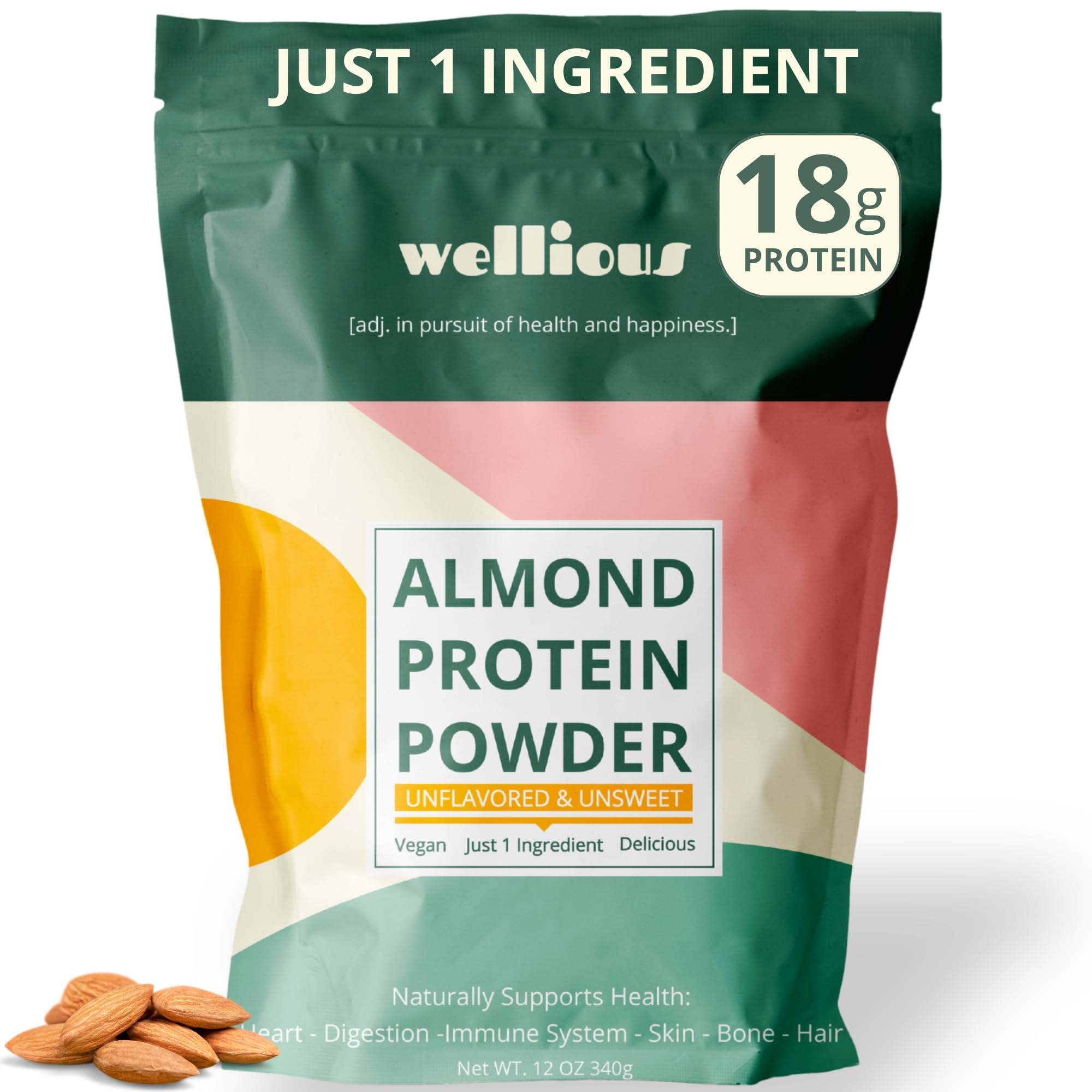 wellious Almond Protein Powder (Unflavored, Unsweetened) - 18 Grams of Pure Healthiest Vegan Protein for Women & Men | Gluten-Free, Soy-Free & Gut