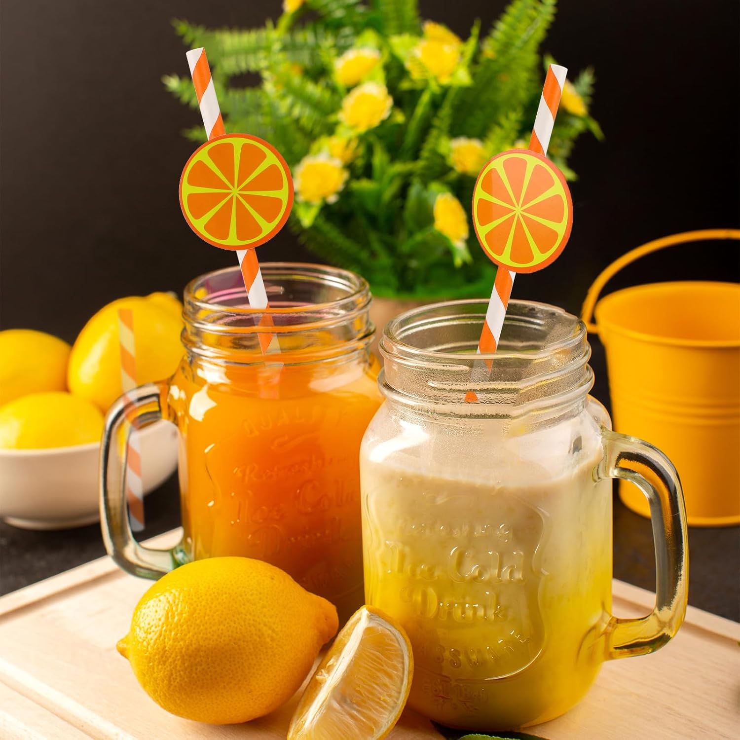 Disposable Lemon Straws, Cute Oange Striped Patterned Drinking Straws Paper Straw for Cocktail, Milkshake, Coffee, Lemonade Stand Supplies Lemon Themed Party Supplies - Set of 30 - Image 4