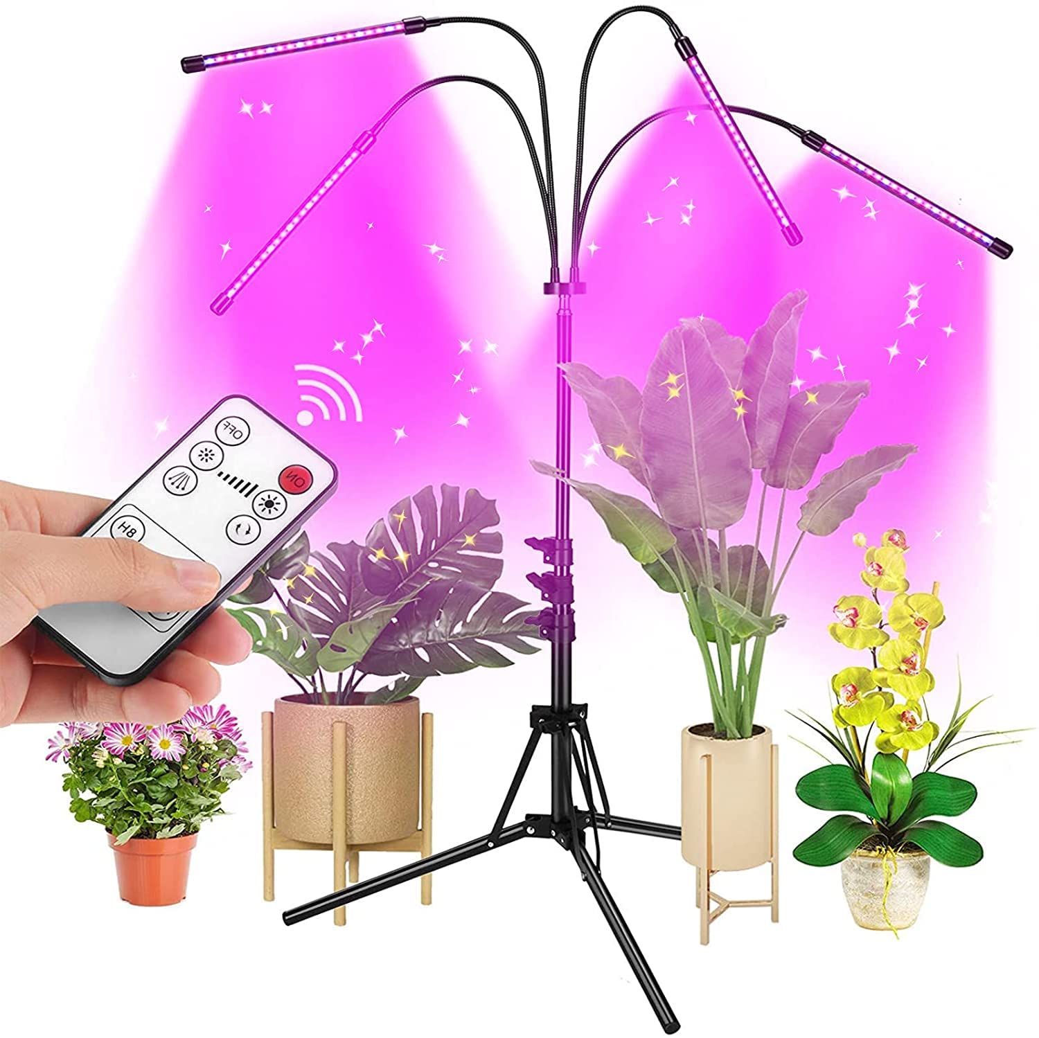 Luces de cultivo para plantas de interior, luz LED de crecimiento, 4 cabezales, lámparas LED de espectro completo para plantas, lámparas de cultivo de plantas con LED rojo y azul, soporte ajustable,