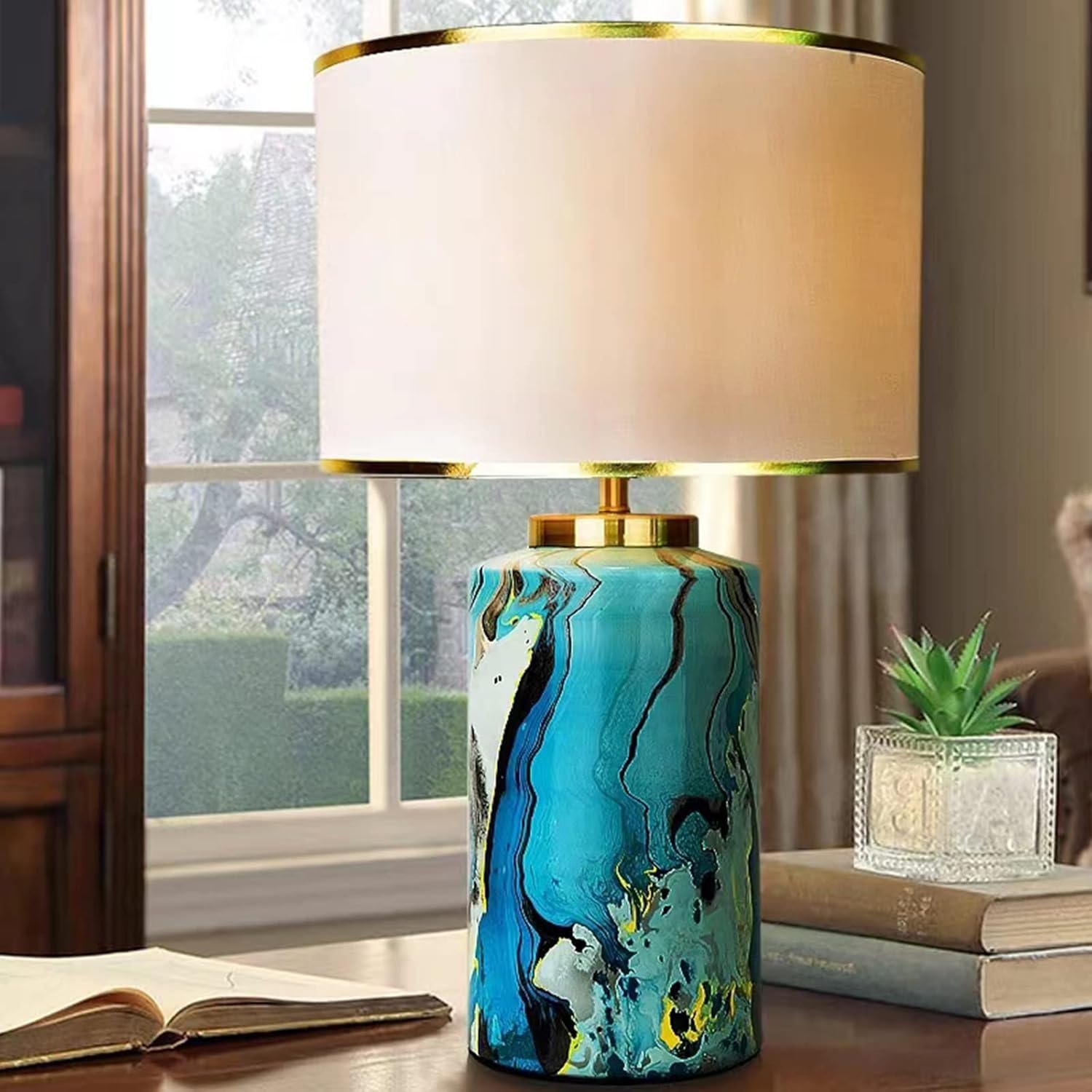 Lampada da tavolo rustica americana, in ceramica con paralume in lino bianco sporco, lampade da scrivania, camera da letto, casa e ufficio