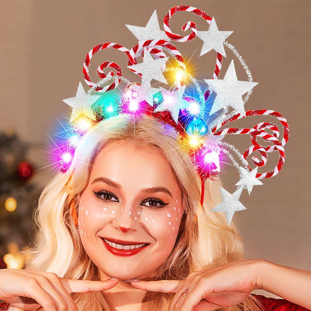 Zoestar Star Light Up Headband LED Christmas Ball Headbands Candy Cane Headwear Xmas Festival Costume Hair Accessories for Women - Image 2