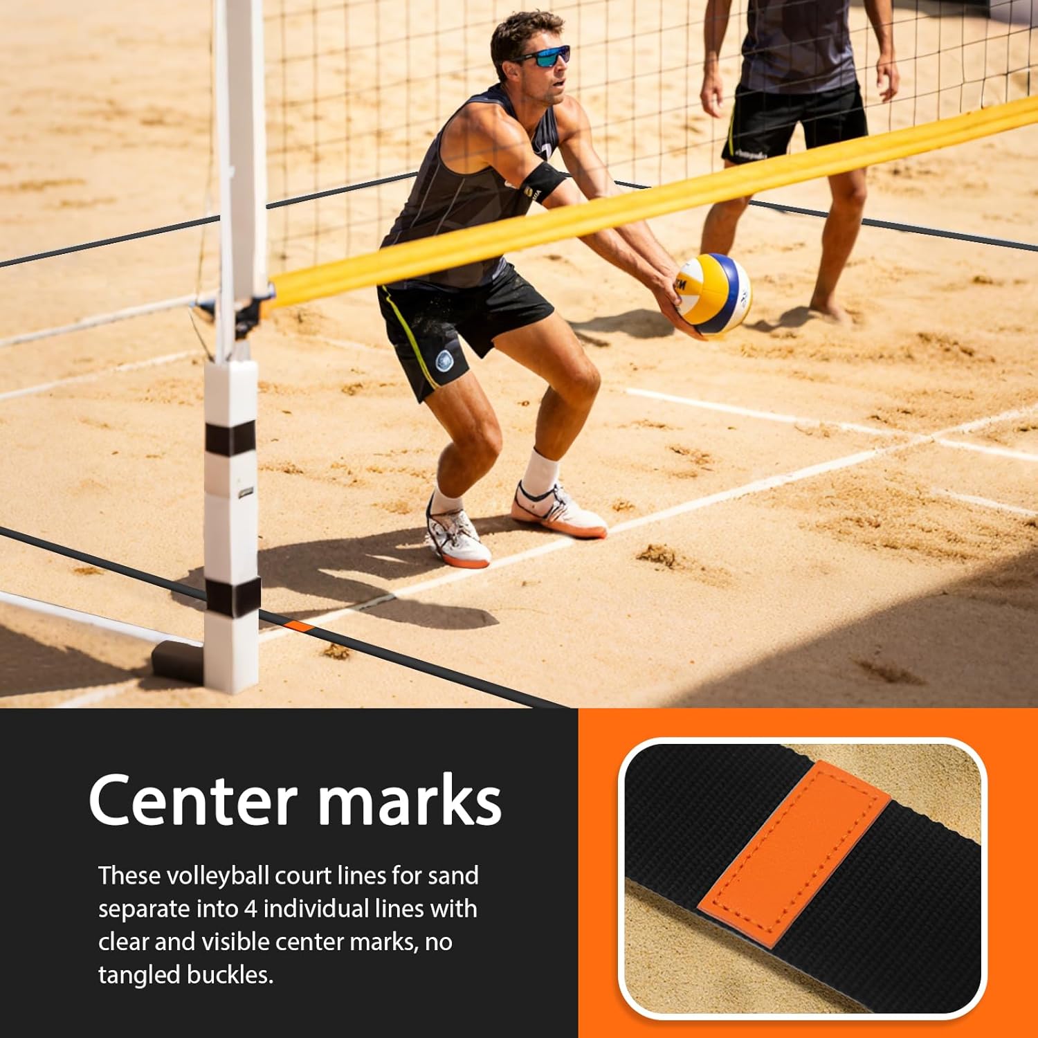Portable Beach Volleyball Court Boundary Lines - 2 Inch Official Size (26.3' x 52.6') with 4 Sand Anchors & Storage Bag, Ideal for Outdoor Volleyball Activities