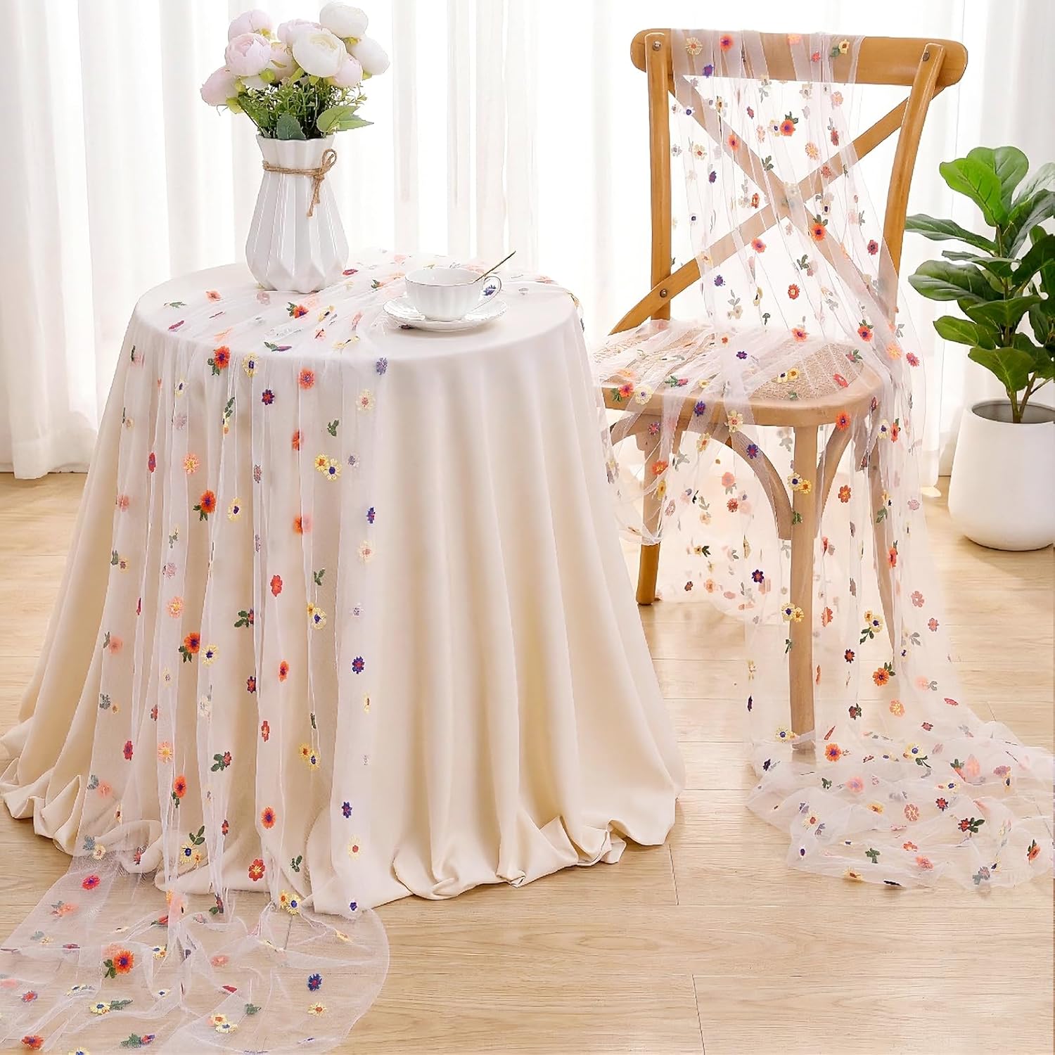 QueenDream White Gauze Table Runner with Embroidery Daisy Romantic Sheer Tulle Fabric 3 Pieces 120 Inch 10FT for Wedding Party Bridal Baby Shower