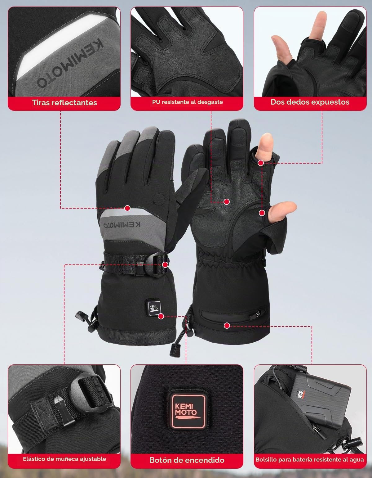KEMIMOTO Guantes Calefactables, Guantes Moto Térmicos con Batería 7,4 V, 2500 mAh, para Nieve, Pesca en Hielo Invierno Actividades al Aire Libre