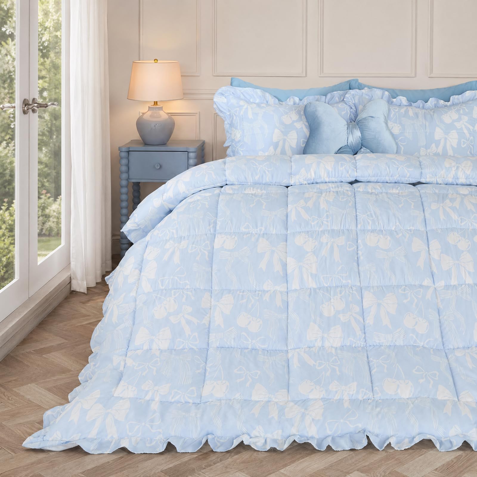 OHS Coverless Duvet King Size, 7.5 Bow Gifts for Women Reversible Frill Edge Bow Bedding Microfibre Coverless Duvet Summer Camping Blanket Quilt Washable King Size Bedding with Pillowcases, Blue — image 1