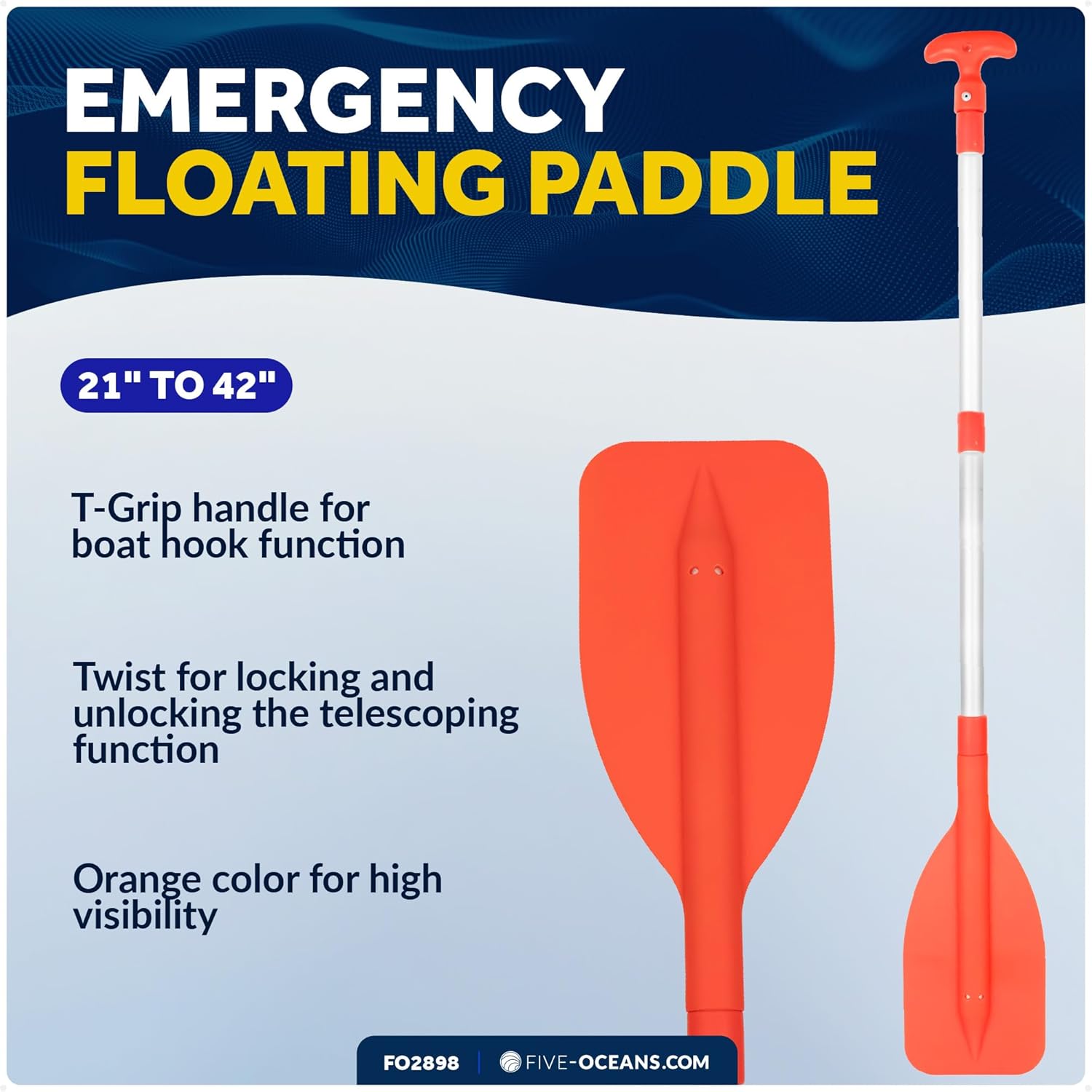 Five Oceans Emergency Telescoping Paddle, Boat Paddles, Floating Orange Paddle, Extends from 21" to 42", Compact Design for Easy Storage, Strong Anodized Aluminum Shaft