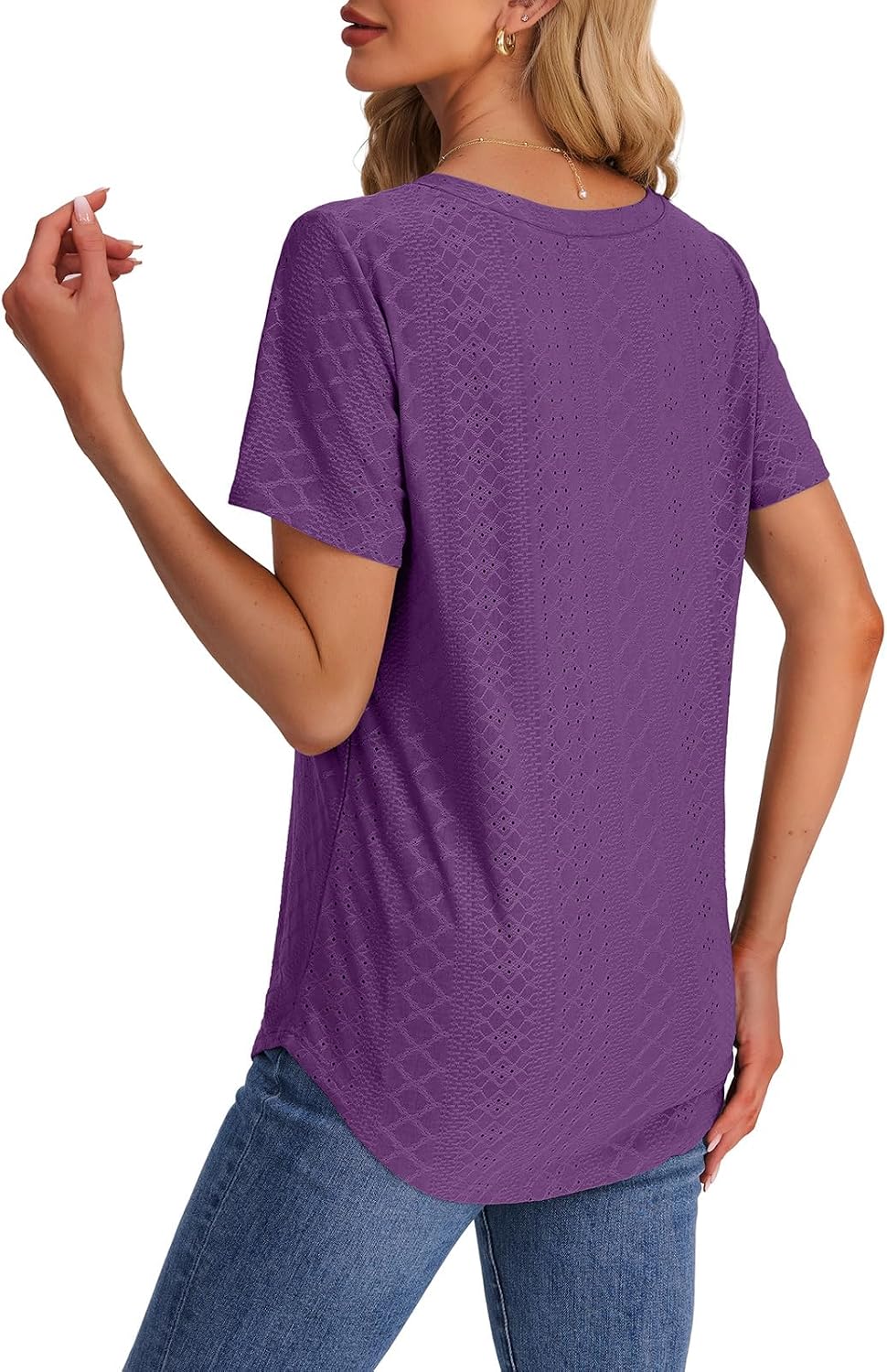 OFEEFAN Womens T Shirts V Neck Short Sleeve Casual Tops Loose Fit Basic Tees with Curved Hem thumbnail
